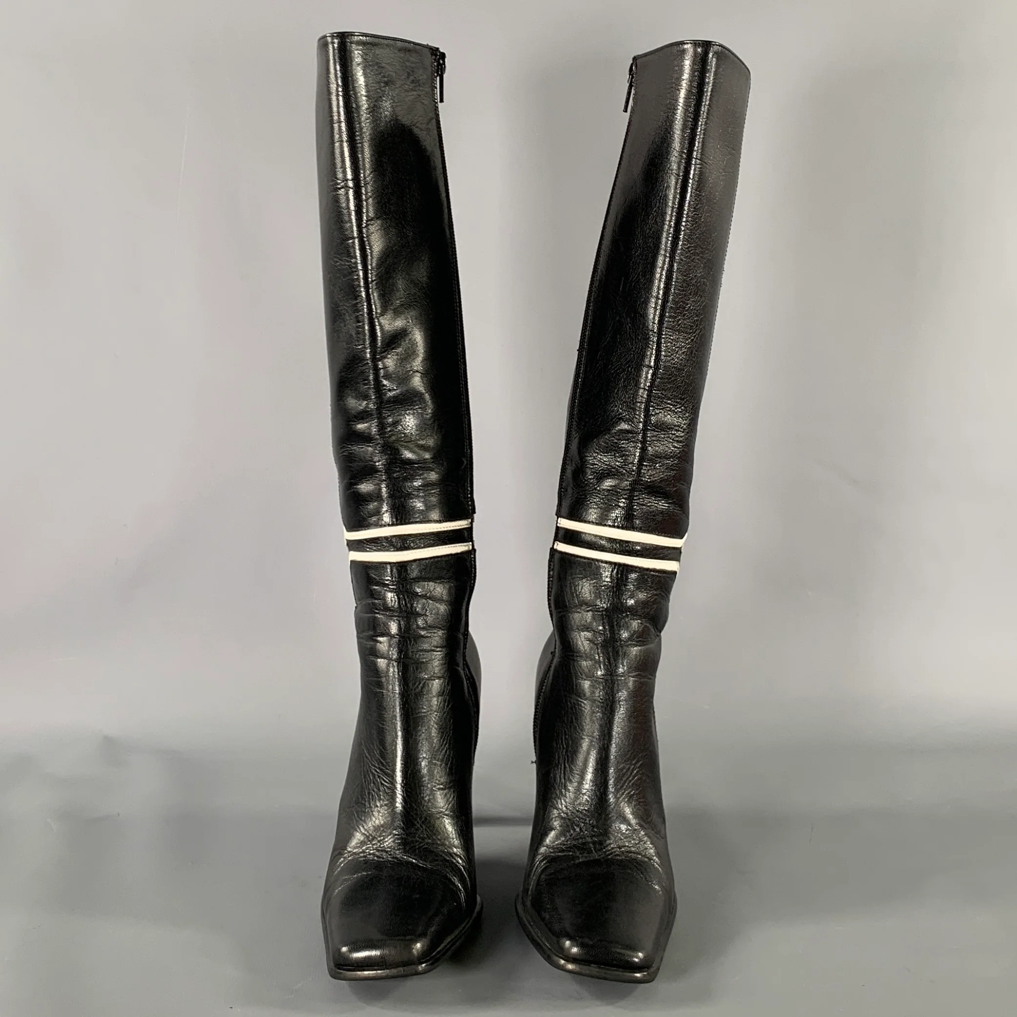 PAOLO IANTORNO Size 6 Black White Leather Geometric Knee Length Boots - Image 4