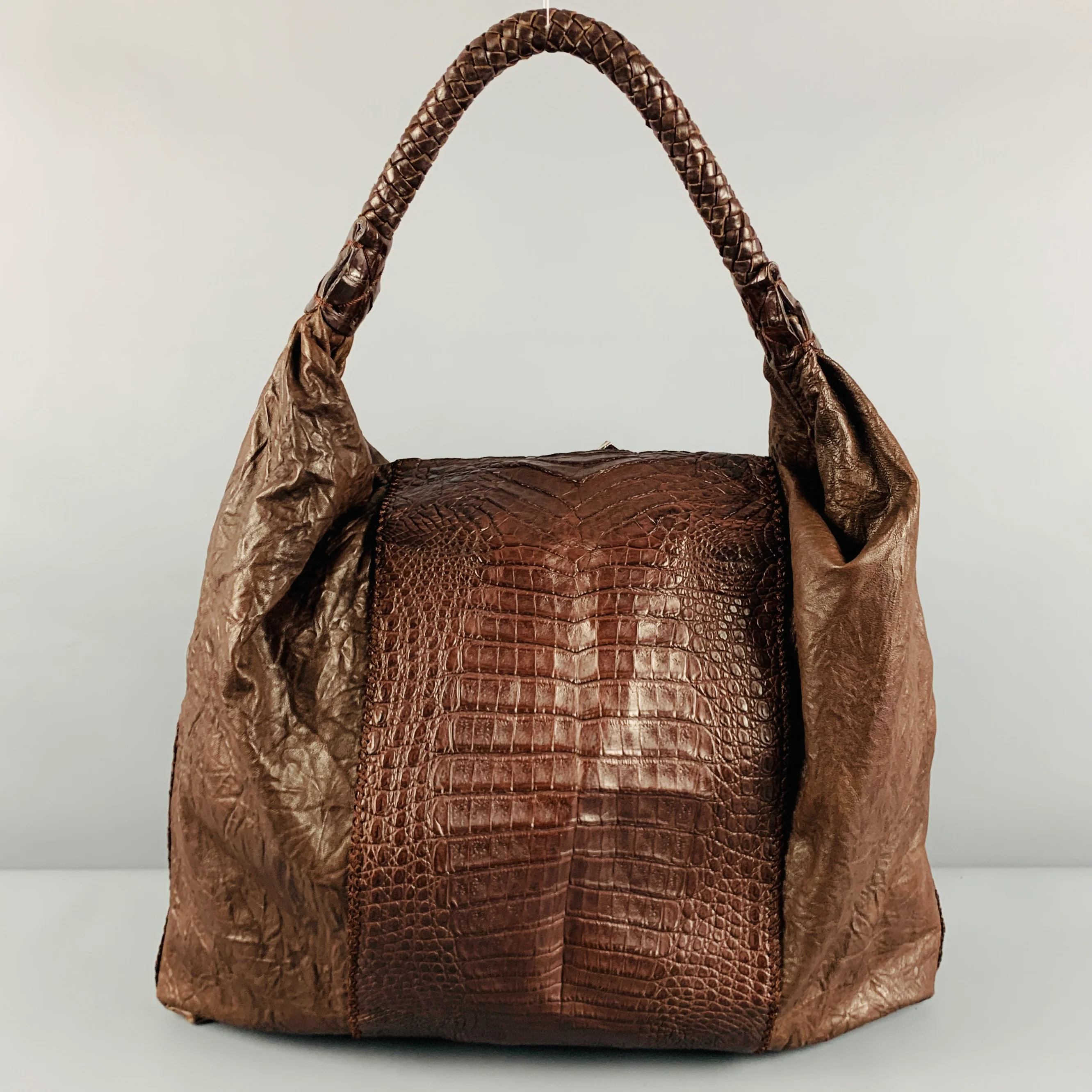PARKER OCHS Brown Mixed Leathers Alligator Leather Hobo Handbag
