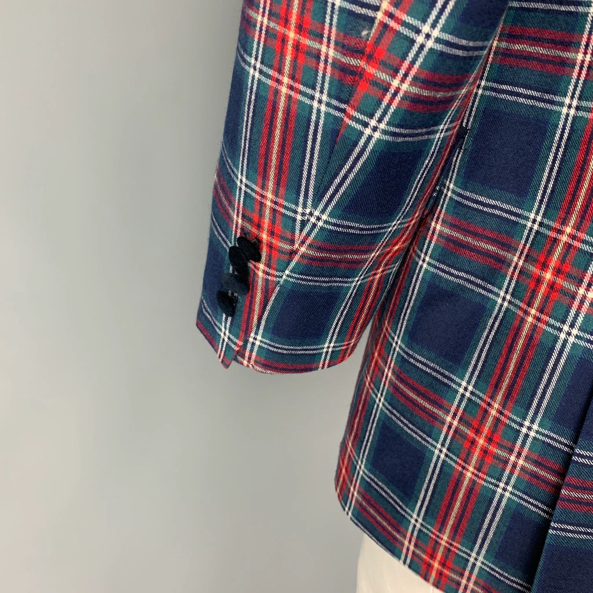 PAUL FREDERICK Size 46 Navy Red Green Plaid Wool Shawl Collar Sport Coat - Image 5