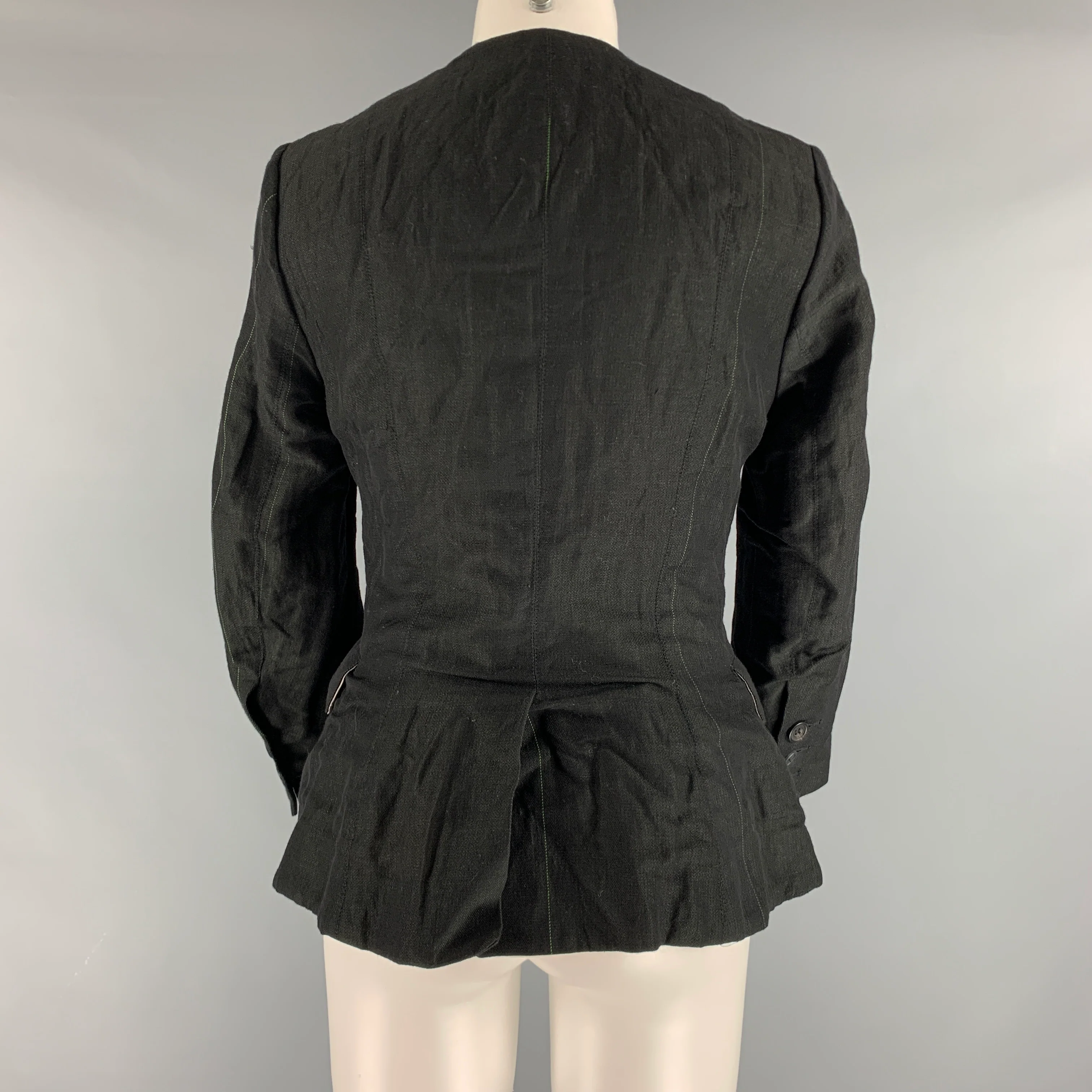 PAUL HARNDEN Size M Black Wool Linen Collarless Blazer - Image 3