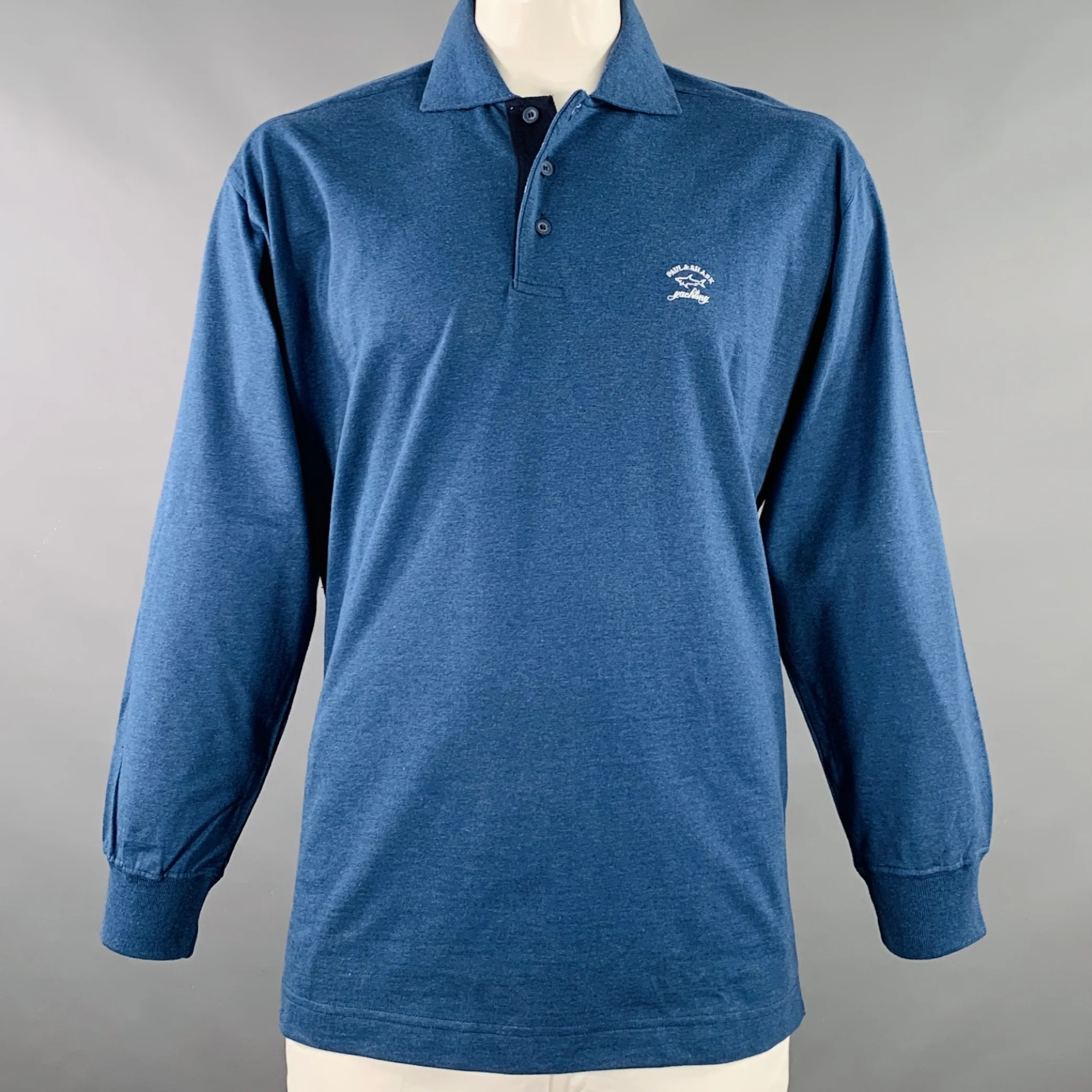 PAUL & SHARK Size XL Blue White Cotton Long Sleeve Polo