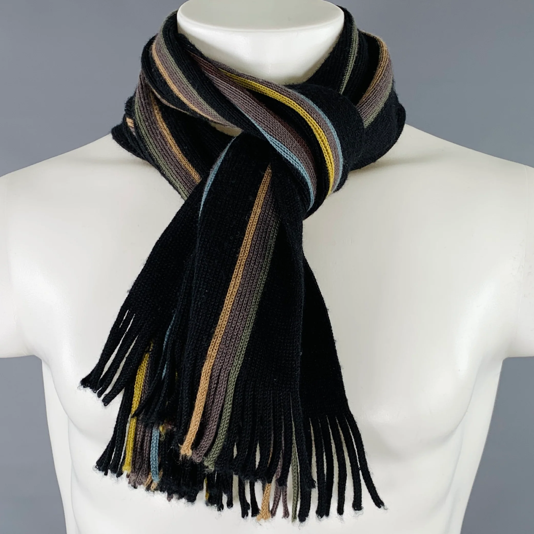 PAUL SMITH Black Multi Color Stripe Rib Knit Scarf - Image 7