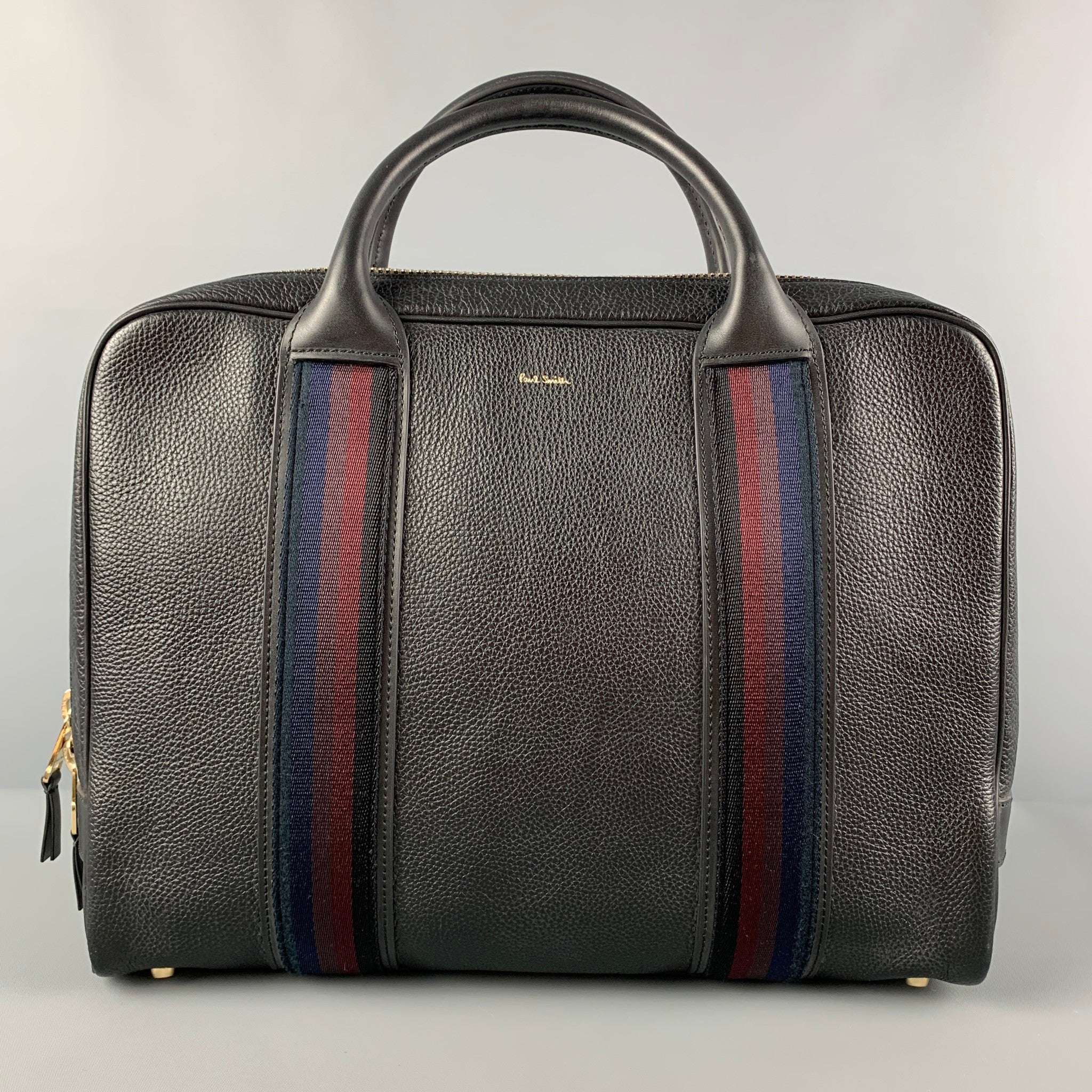 PAUL SMITH Black Pebble Grain Stripe Trim Leather Briefcase Bag