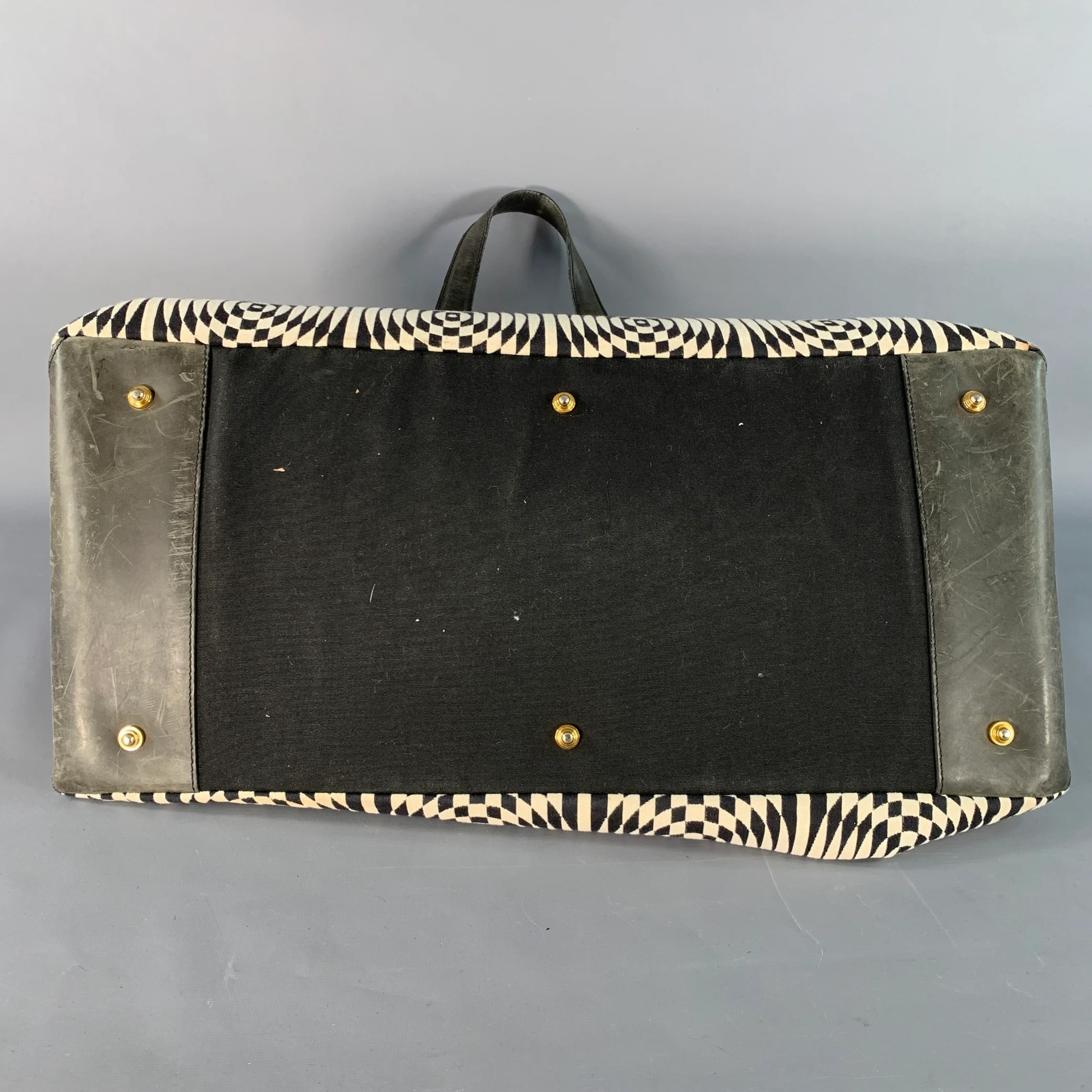 PAUL SMITH Black White Geometric Leather Trim Canvas Weekender Bag - Image 10