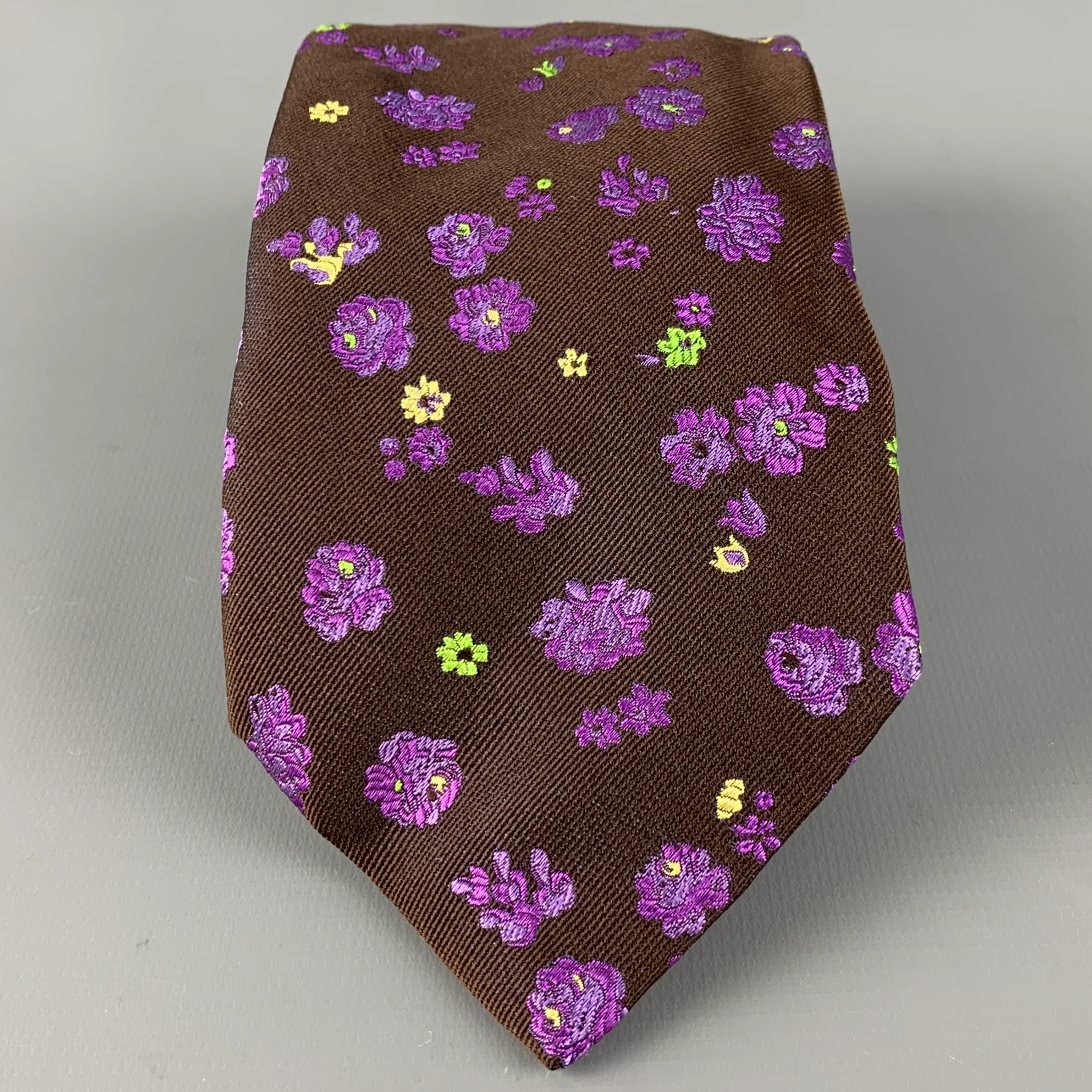 PAUL SMITH Brown Purple Floral Silk Tie
