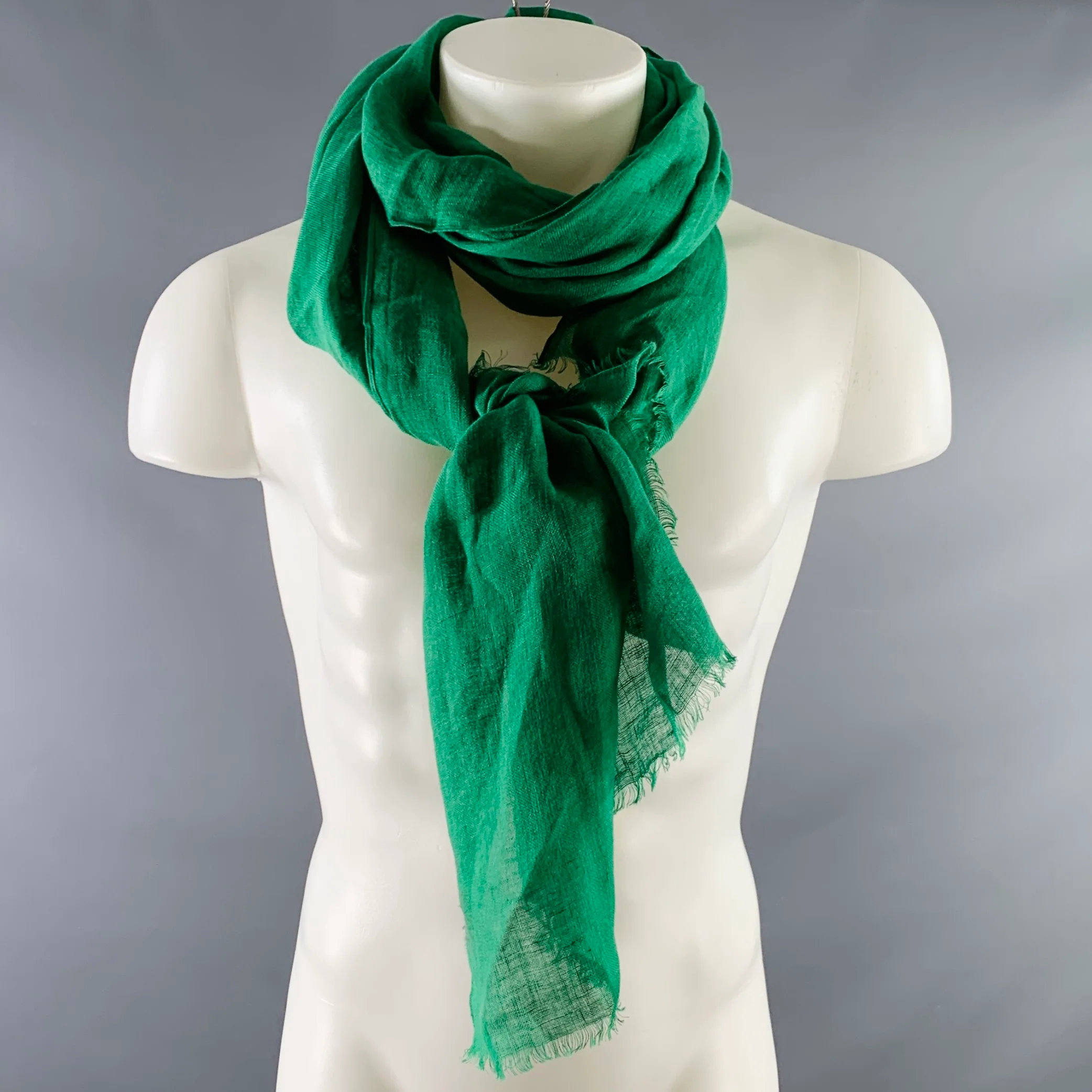 PAUL SMITH Green Woven Linen Fringe Scarf - Image 5