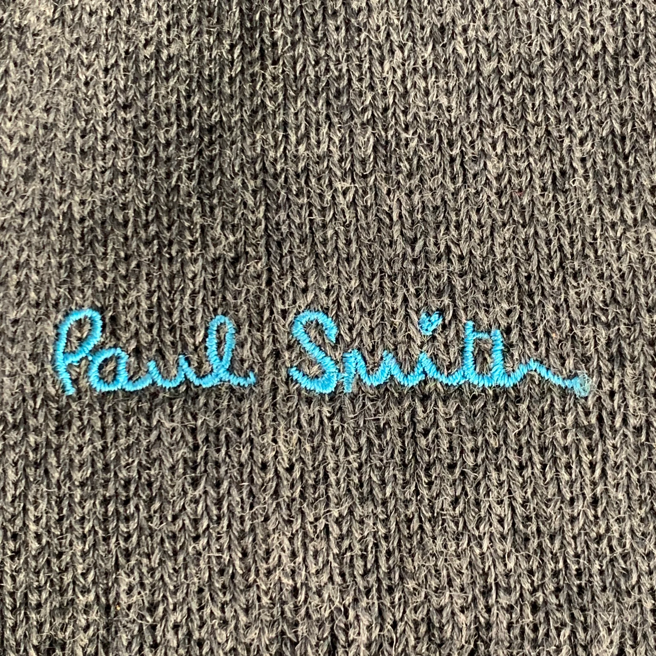PAUL SMITH Grey Blue Embroidered Wool Knit Fringe Scarf - Image 2