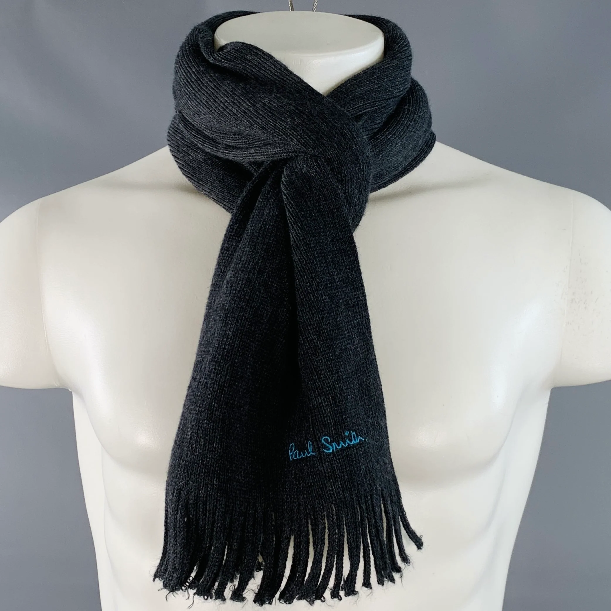 PAUL SMITH Grey Blue Embroidered Wool Knit Fringe Scarf - Image 7