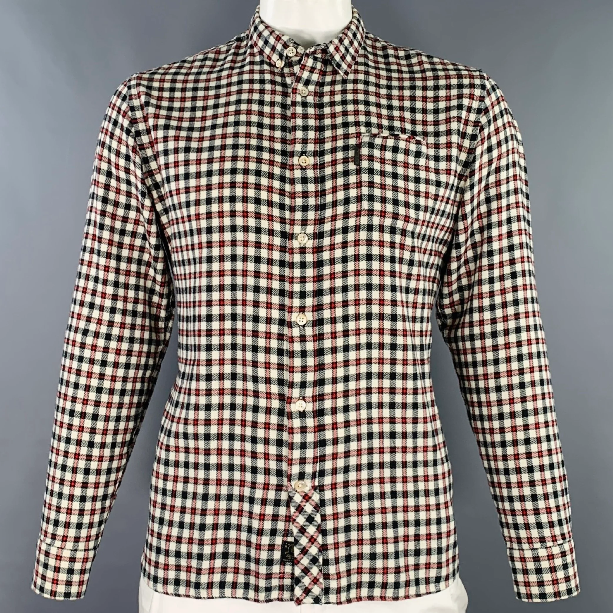 PAUL SMITH JEANS Size L Cream Red Black Plaid Cotton Long Sleeve Shirt