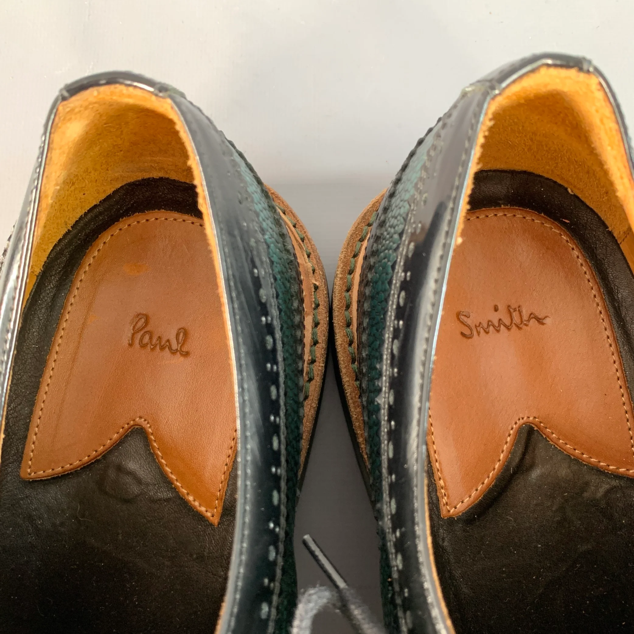 PAUL SMITH Size 10 Black Green Perforated Pebble Grain Leather Wingtip Lace-Up Shoes - Image 7