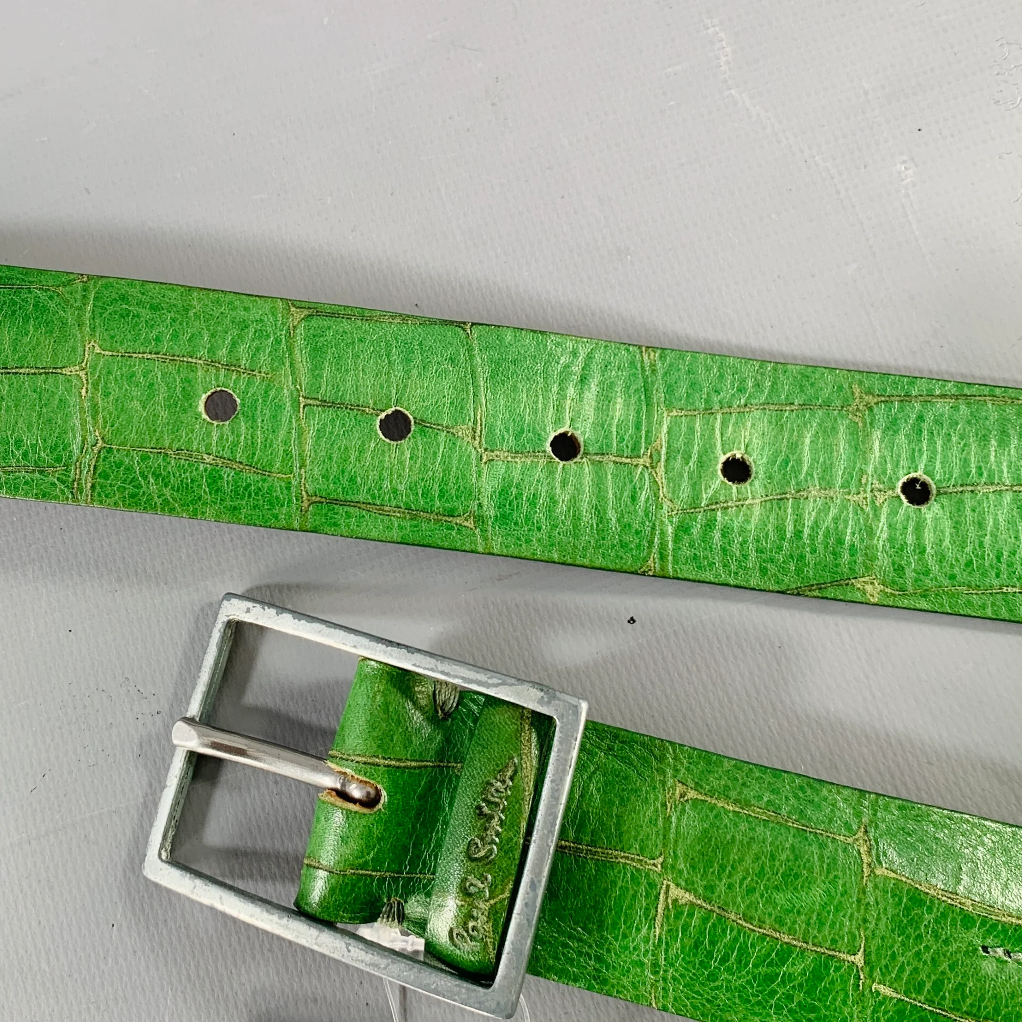 PAUL SMITH Size 34 Green Croc Embossed Leather Belt - Image 7