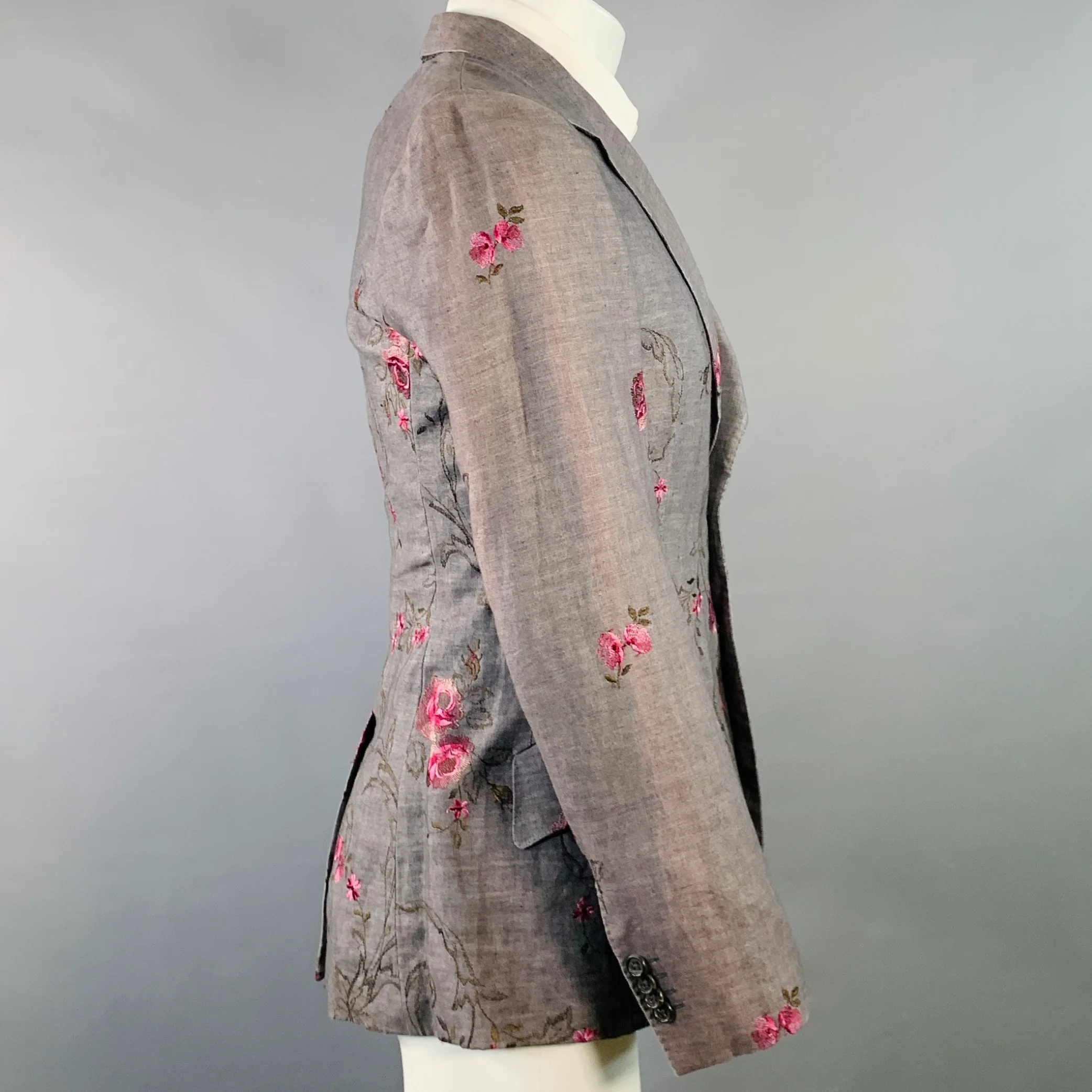 PAUL SMITH Size 38 Grey Pink Floral Embroidery Linen Slim Fit Notch Lapel Sport Coat - Image 3