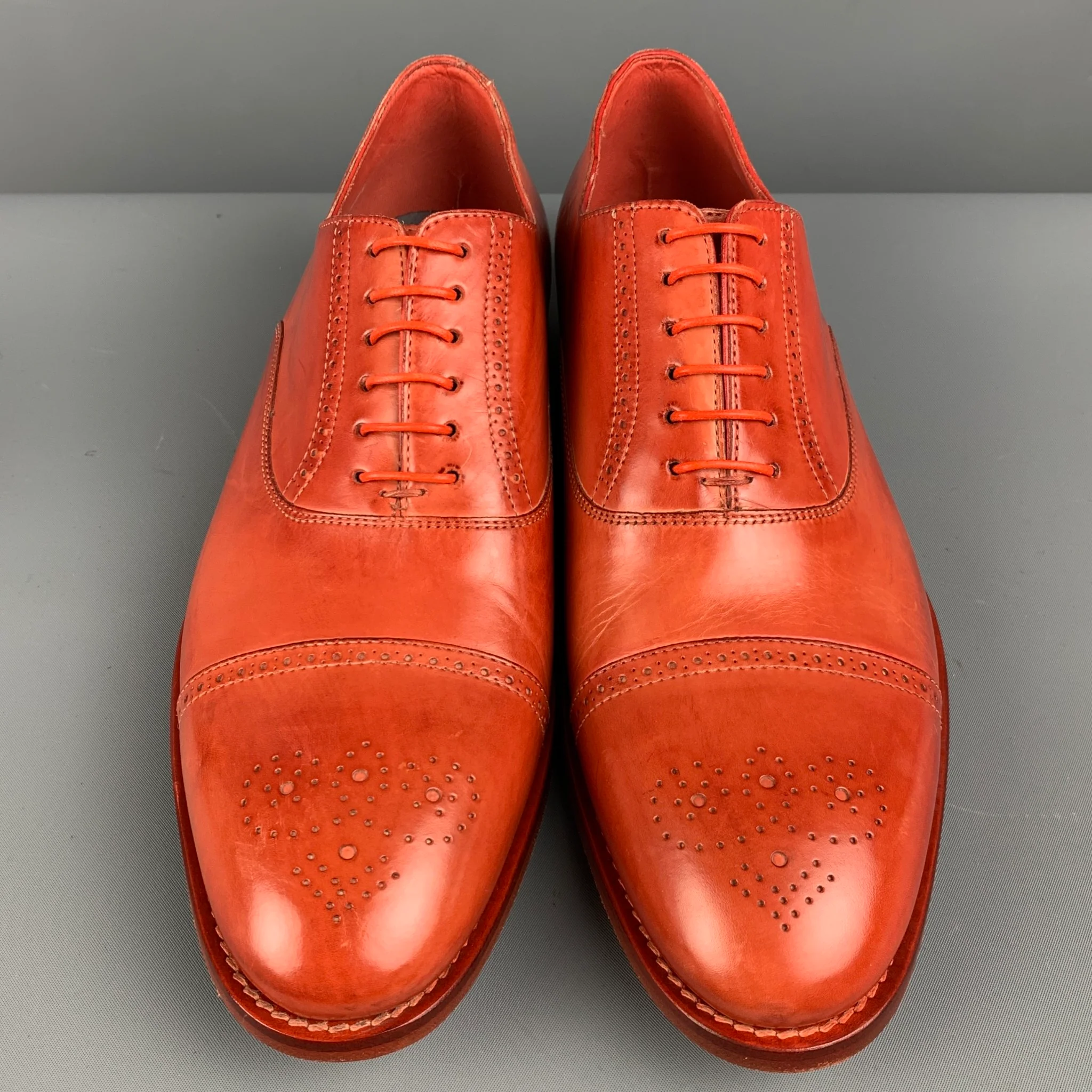 PAUL SMITH Size 8.5 Orange Perforated Leather Cap Toe Lace Up Shoes - Image 4