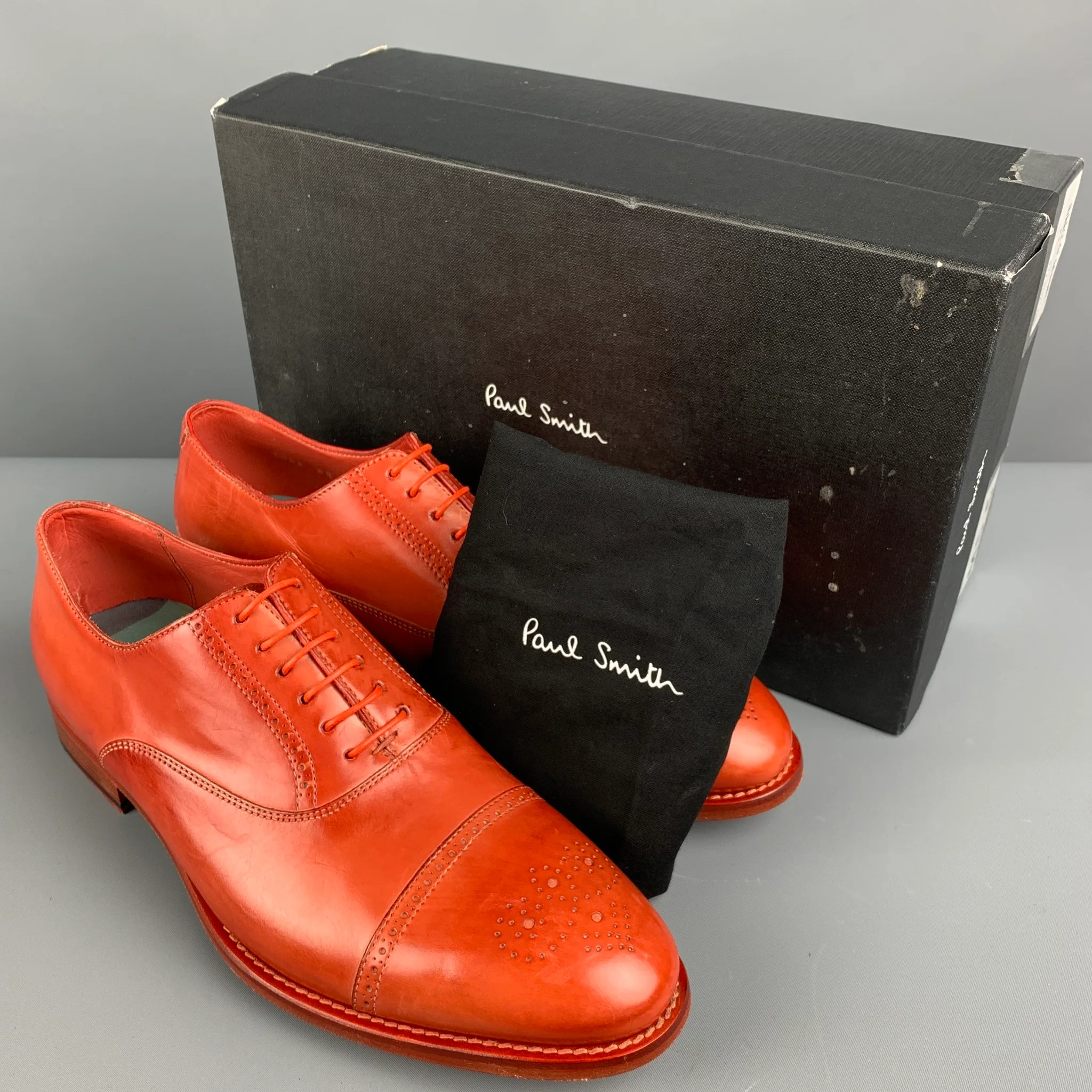 PAUL SMITH Size 8.5 Orange Perforated Leather Cap Toe Lace Up Shoes - Image 9