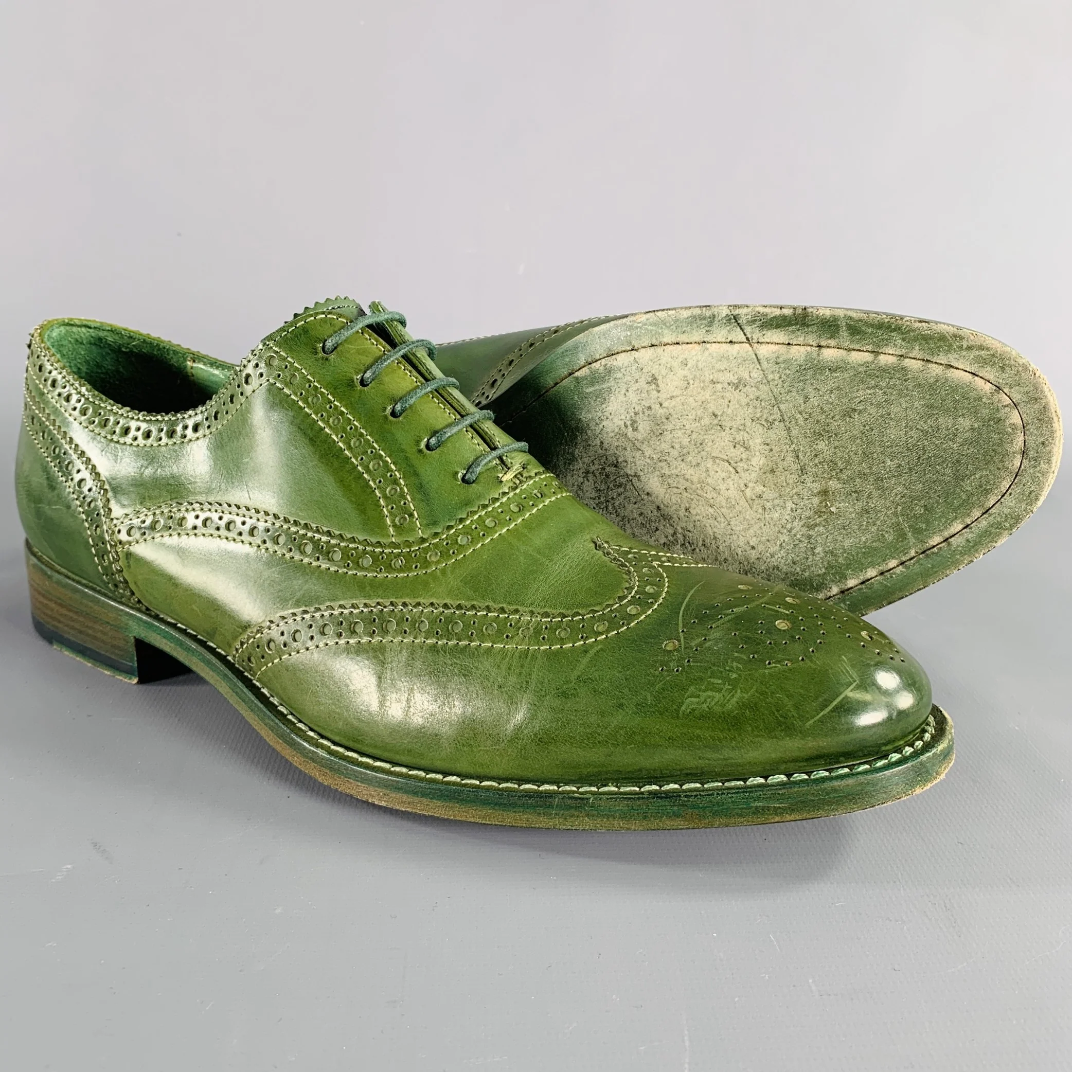 PAUL SMITH Size 8 Green Perforated Leather Wingtip Lace-Up Shoes - Image 5