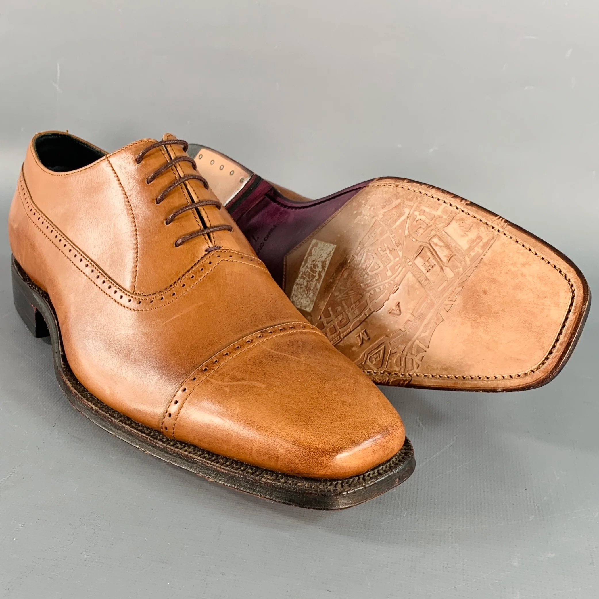 PAUL SMITH Size 8 Tan Perforated Leather Oxford Cap Toe Lace-Up Shoes - Image 5