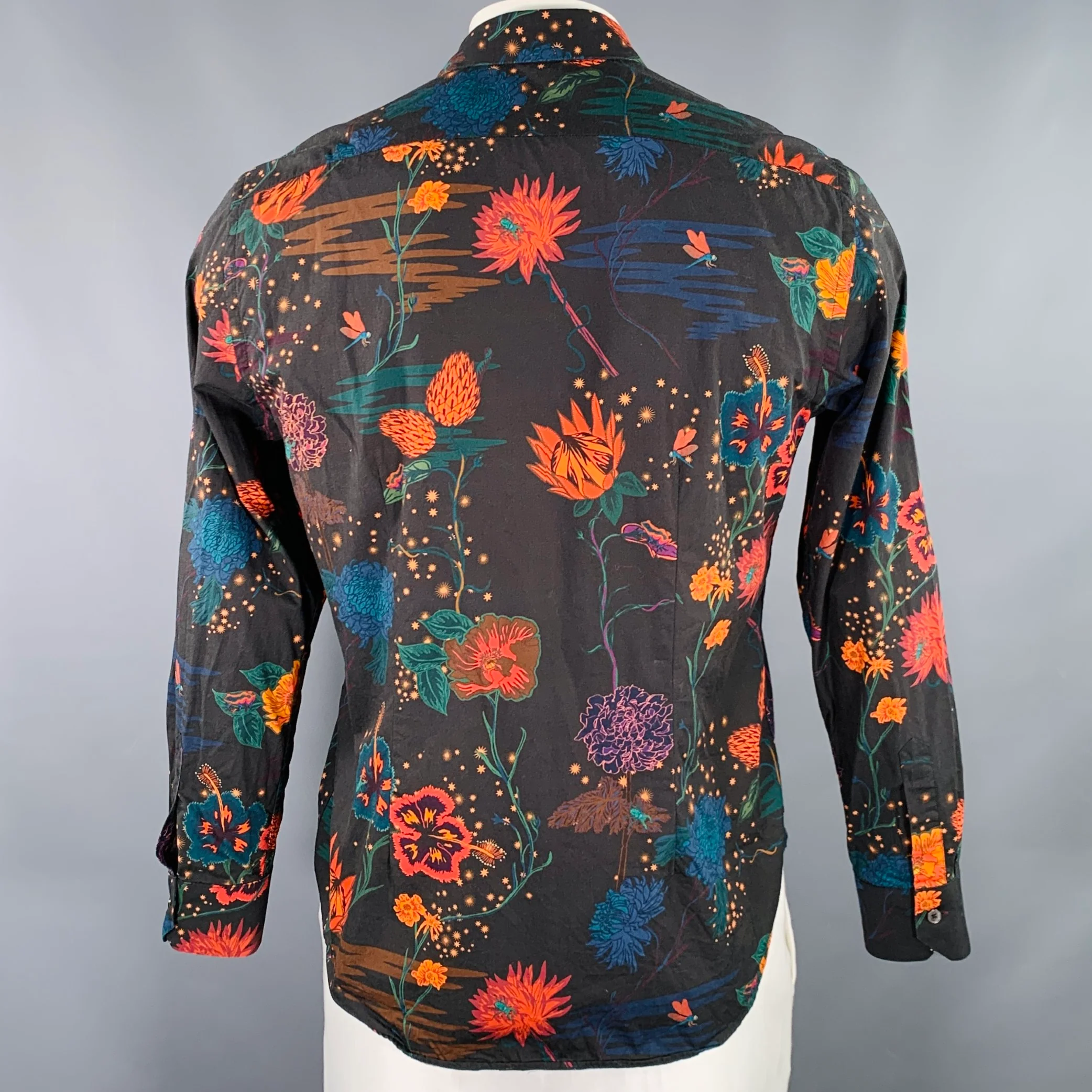 PAUL SMITH Size L Black Orange Floral Cotton Long Sleeve Shirt - Image 3
