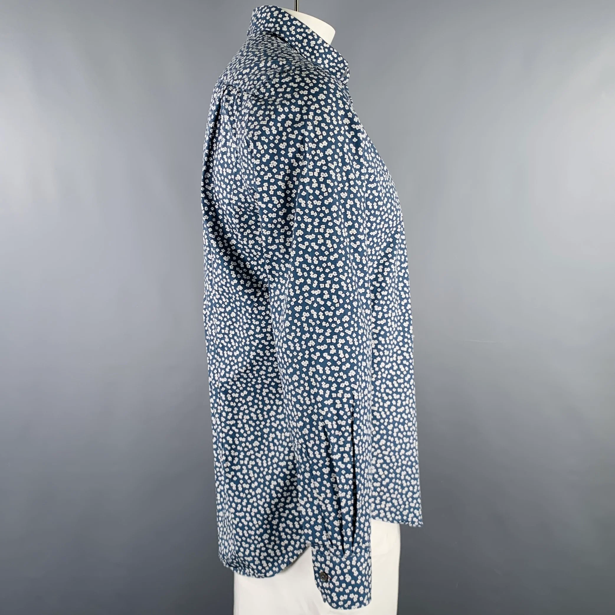 PAUL SMITH Size L Blue White Floral Cotton Spread Collar Long Sleeve Shirt - Image 3