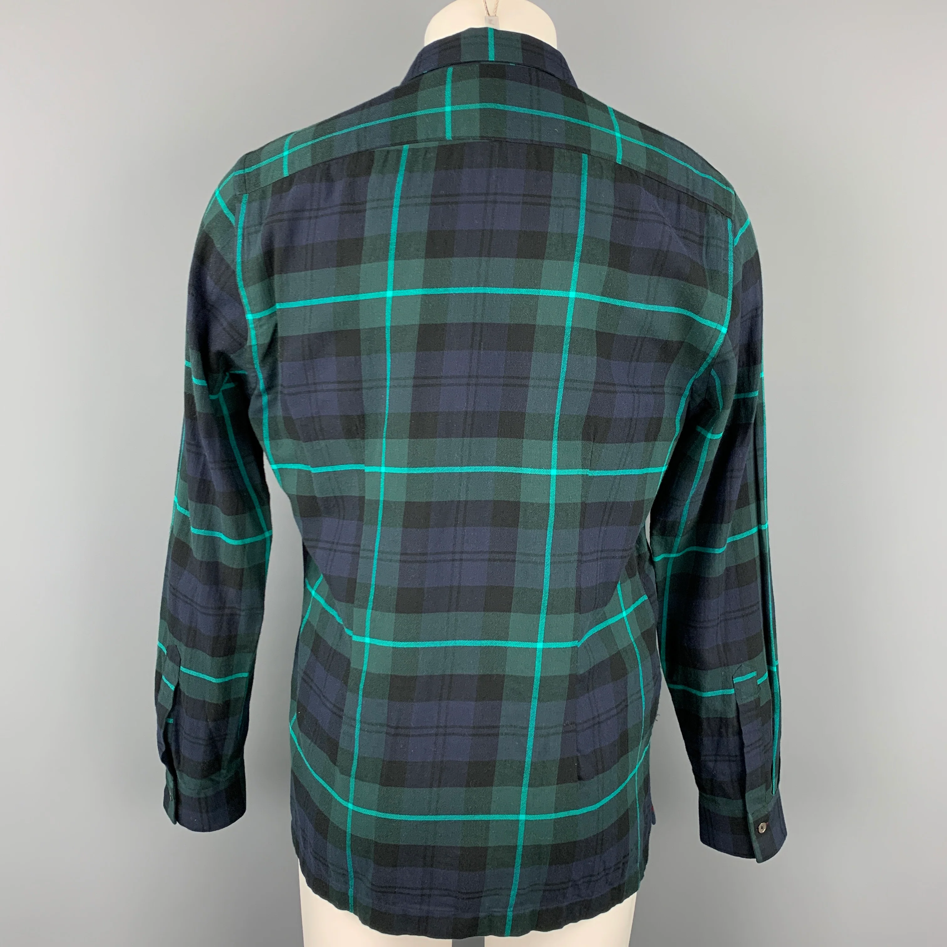 PAUL SMITH Size L Navy Green Plaid Cotton Button Up Long Sleeve Shirt - Image 3