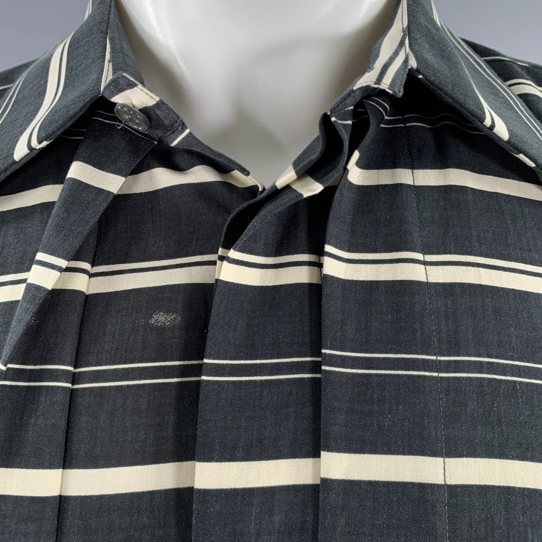 PAUL SMITH Size M Black Cream Stripe Pleated Cotton Blend Long Sleeve Shirt - Image 5