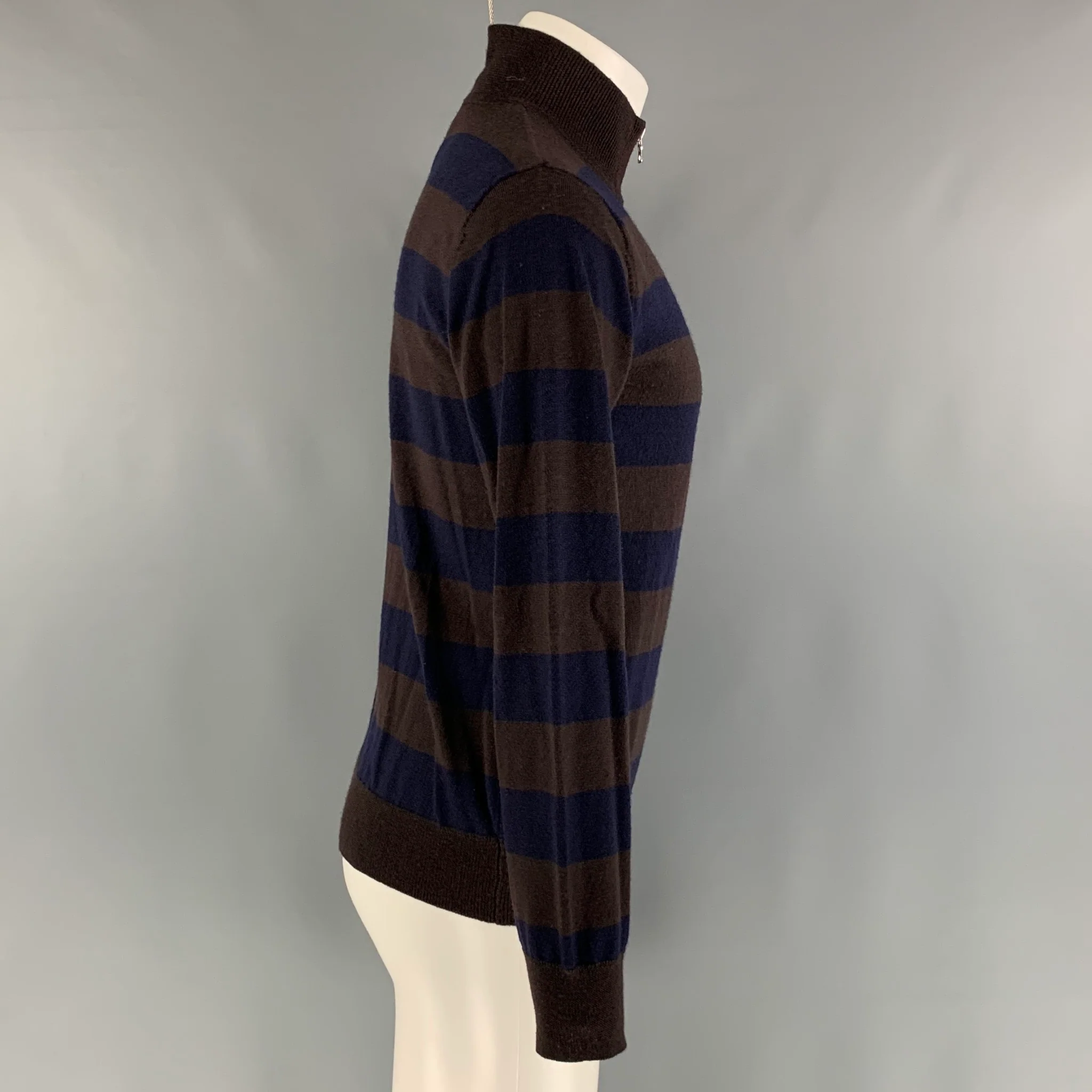 PAUL SMITH Size M Brown Navy Stripe Merino Wool Zip Up Cardigan - Image 2