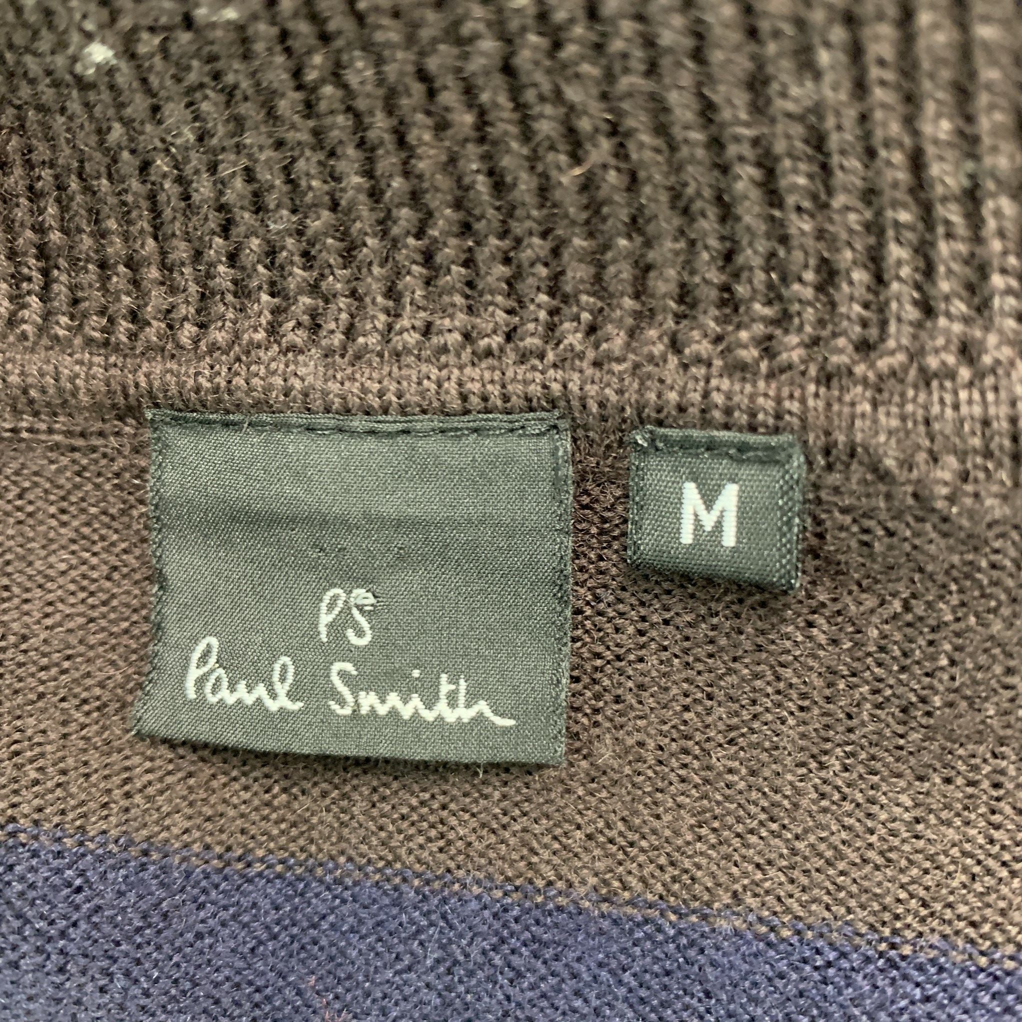 PAUL SMITH Size M Brown Navy Stripe Merino Wool Zip Up Cardigan - Image 4