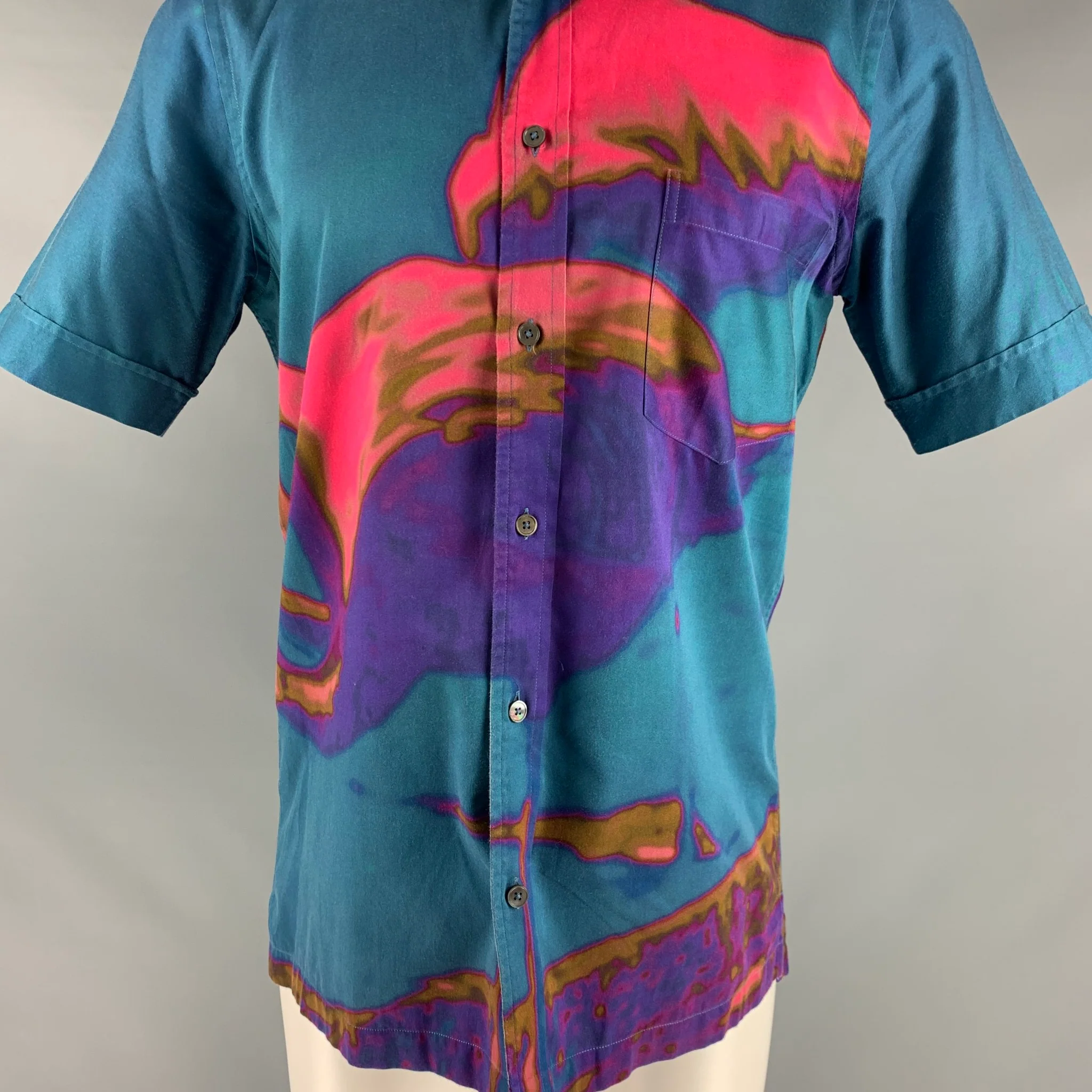 PAUL SMITH Size S Blue Pink Watercolor Cotton One Pocket Short Sleeve Shirt - Image 2