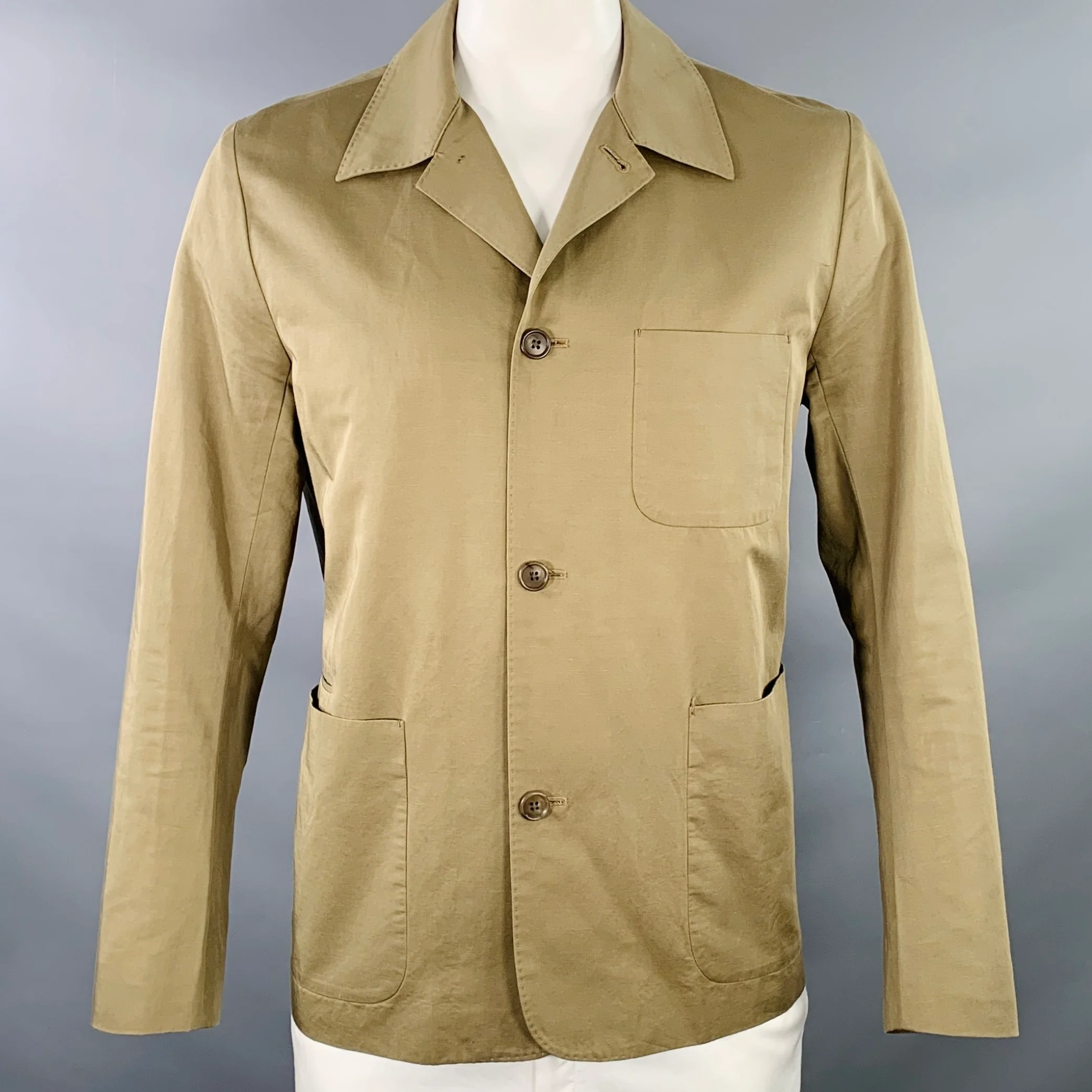 PAUL SMITH Size XL Green Olive Cotton Linen Patch Pockets Jacket