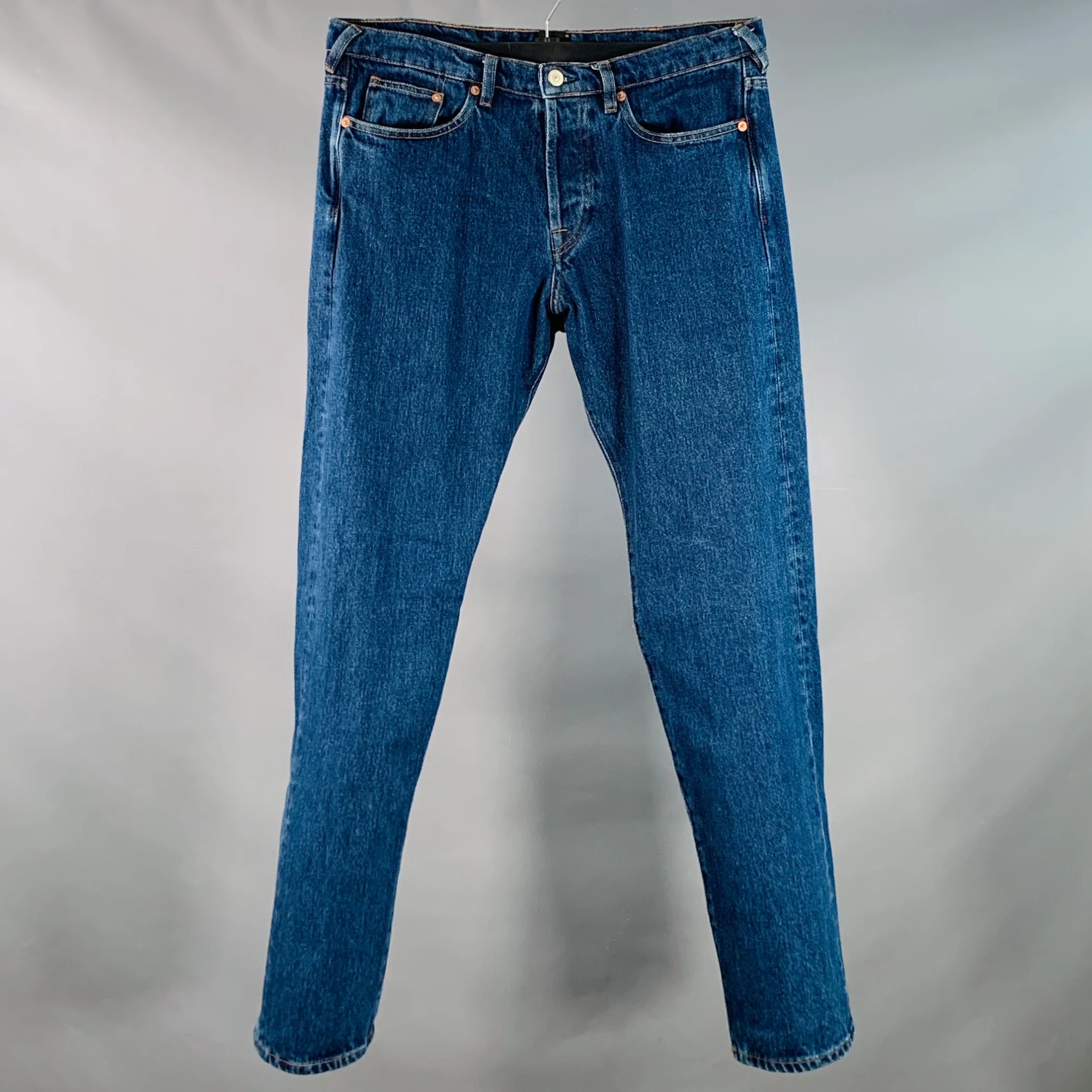 PAUL SMITH SS24 Size 34 Blue Washed Cotton Straight Contrast Stitch Jeans