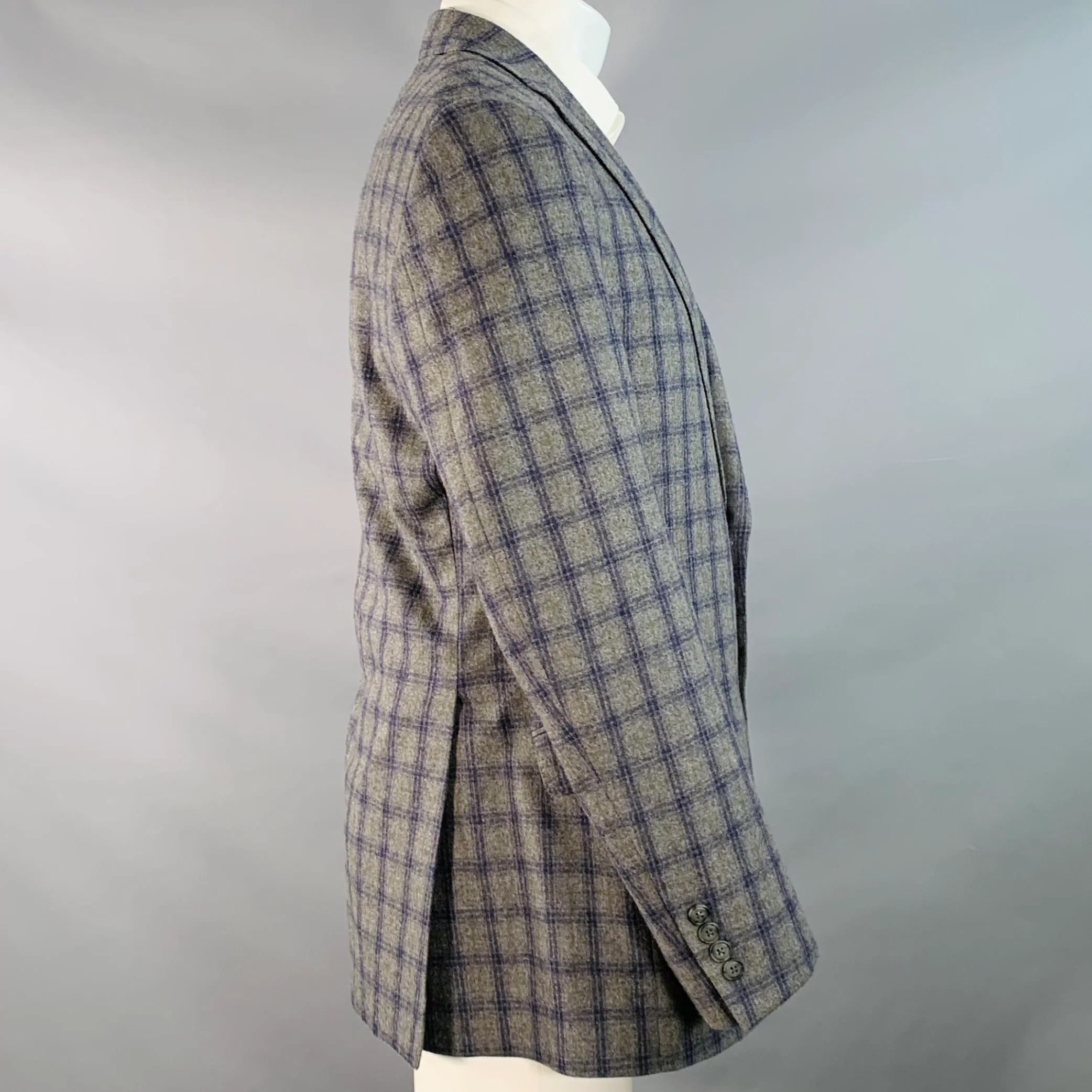 PAUL STUART Size 41 Grey Navy Green Plaid Wool Notch Lapel Sport Coat - Image 3