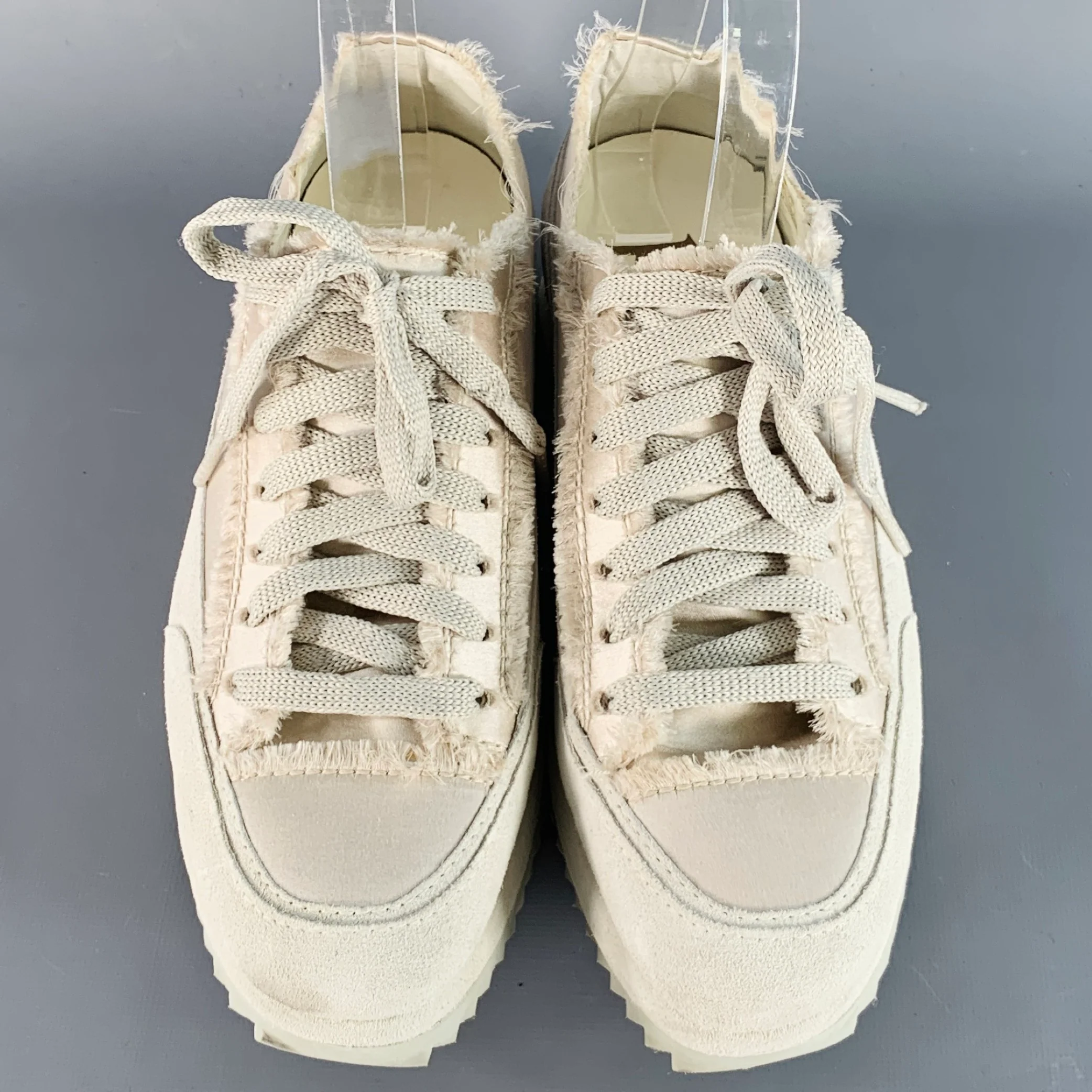 PEDRO GARCIA Size 6.5 Beige Grey Satin Suede Raw Edge Platform Sneakers - Image 4