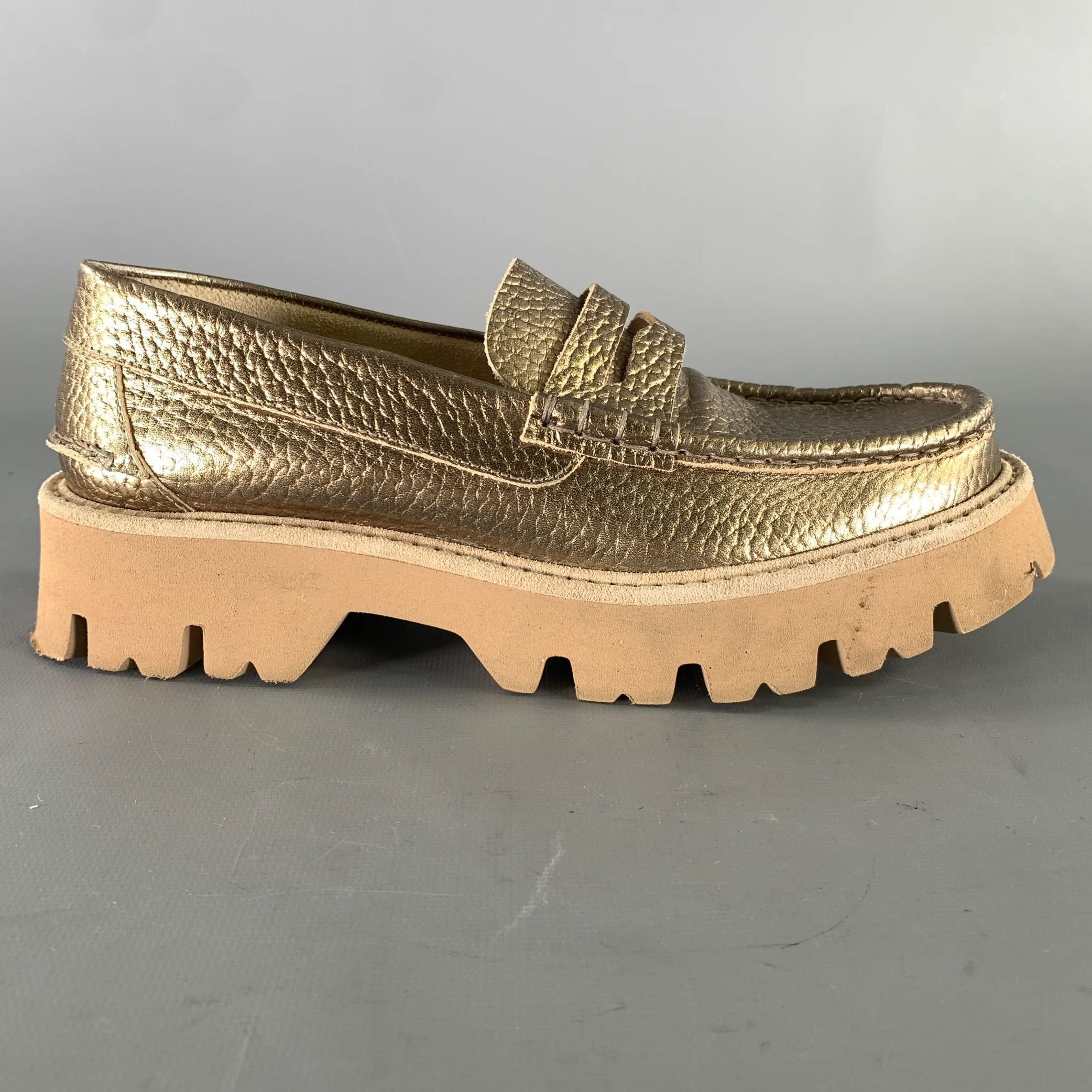 PEDRO GARCIA Size 8 Gold Tan Metallic Pebble Grain Loafer Flats - Image 2
