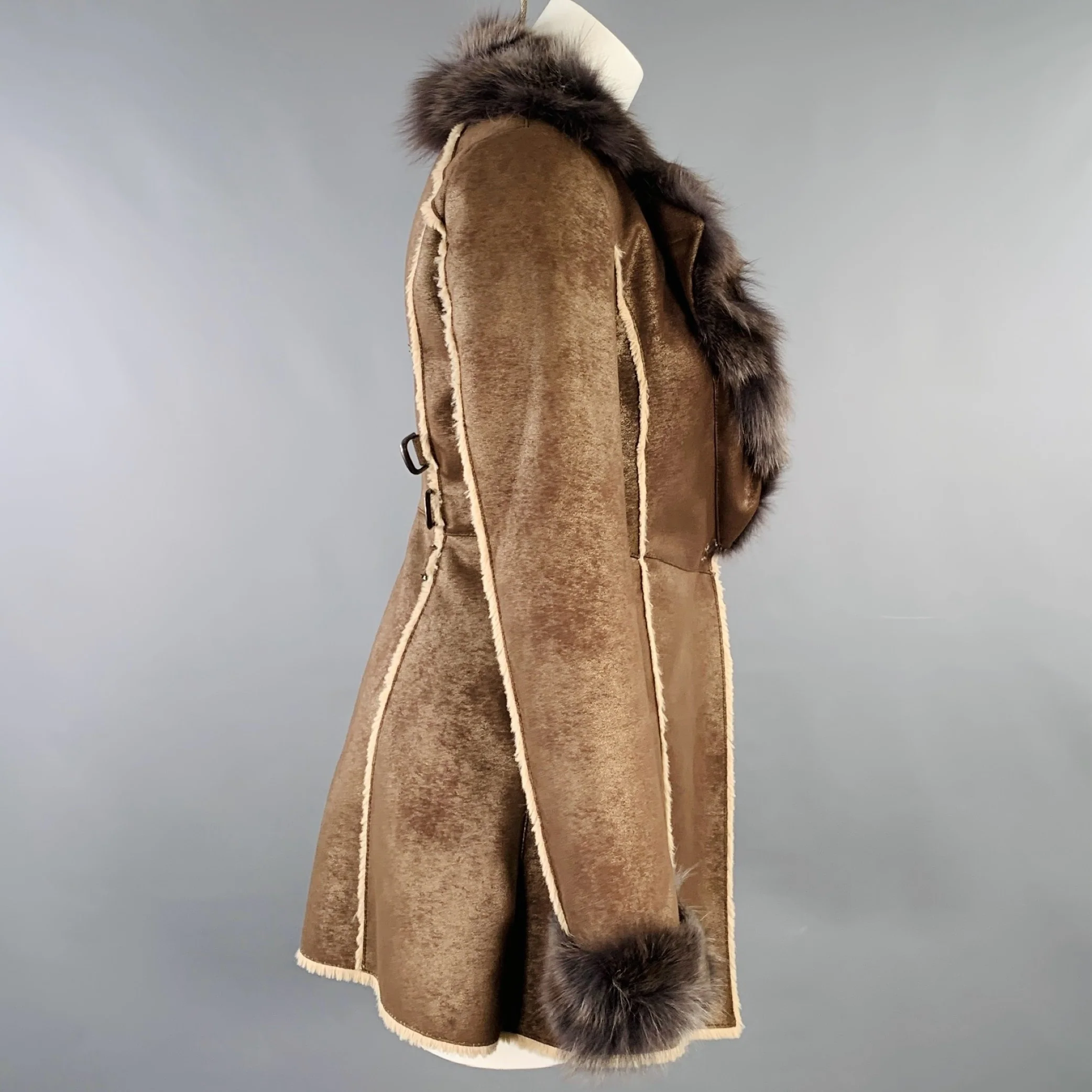 PELLACCI Size XS Brown Cream Leather Fur Trim Snaps Coat - Image 2
