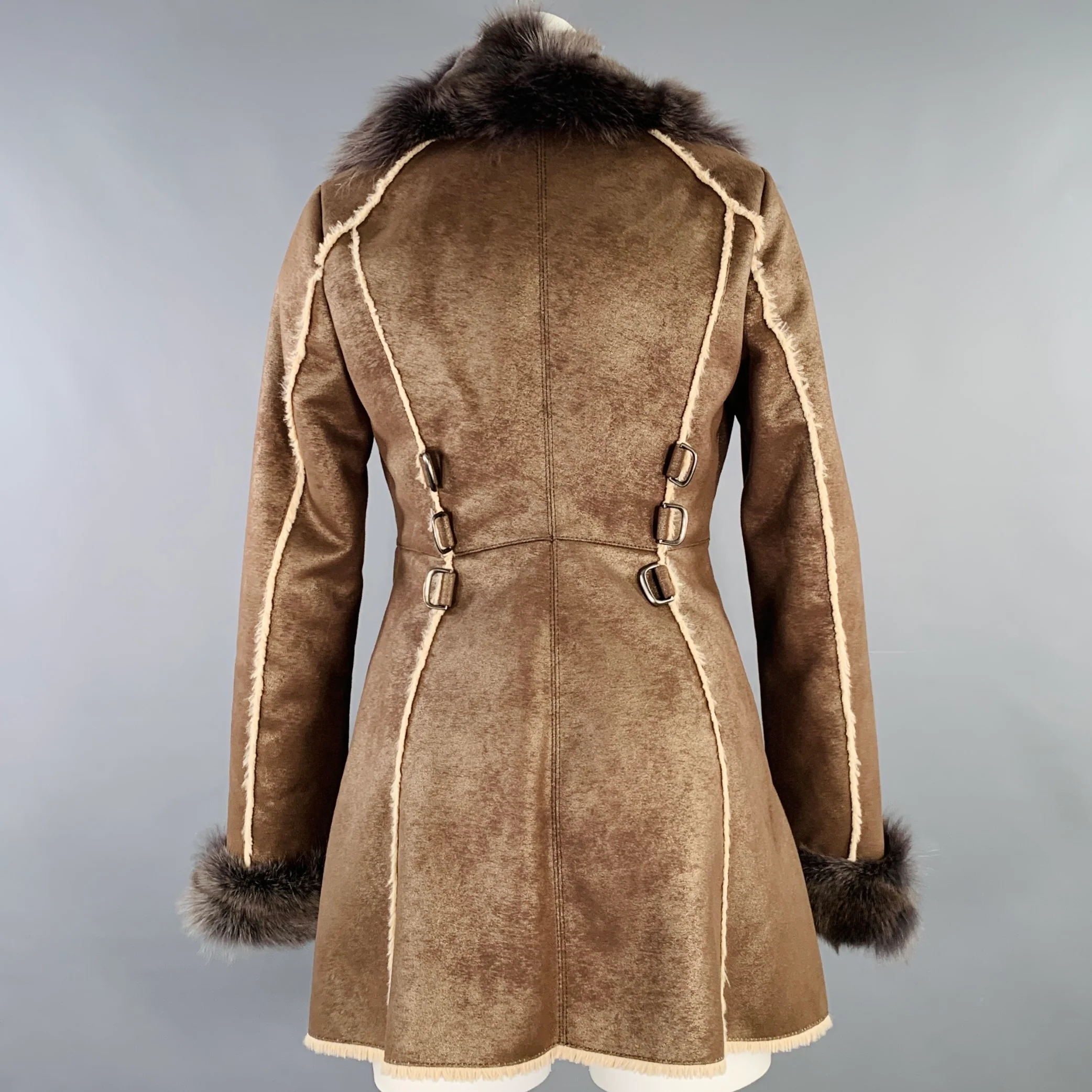 PELLACCI Size XS Brown Cream Leather Fur Trim Snaps Coat - Image 3