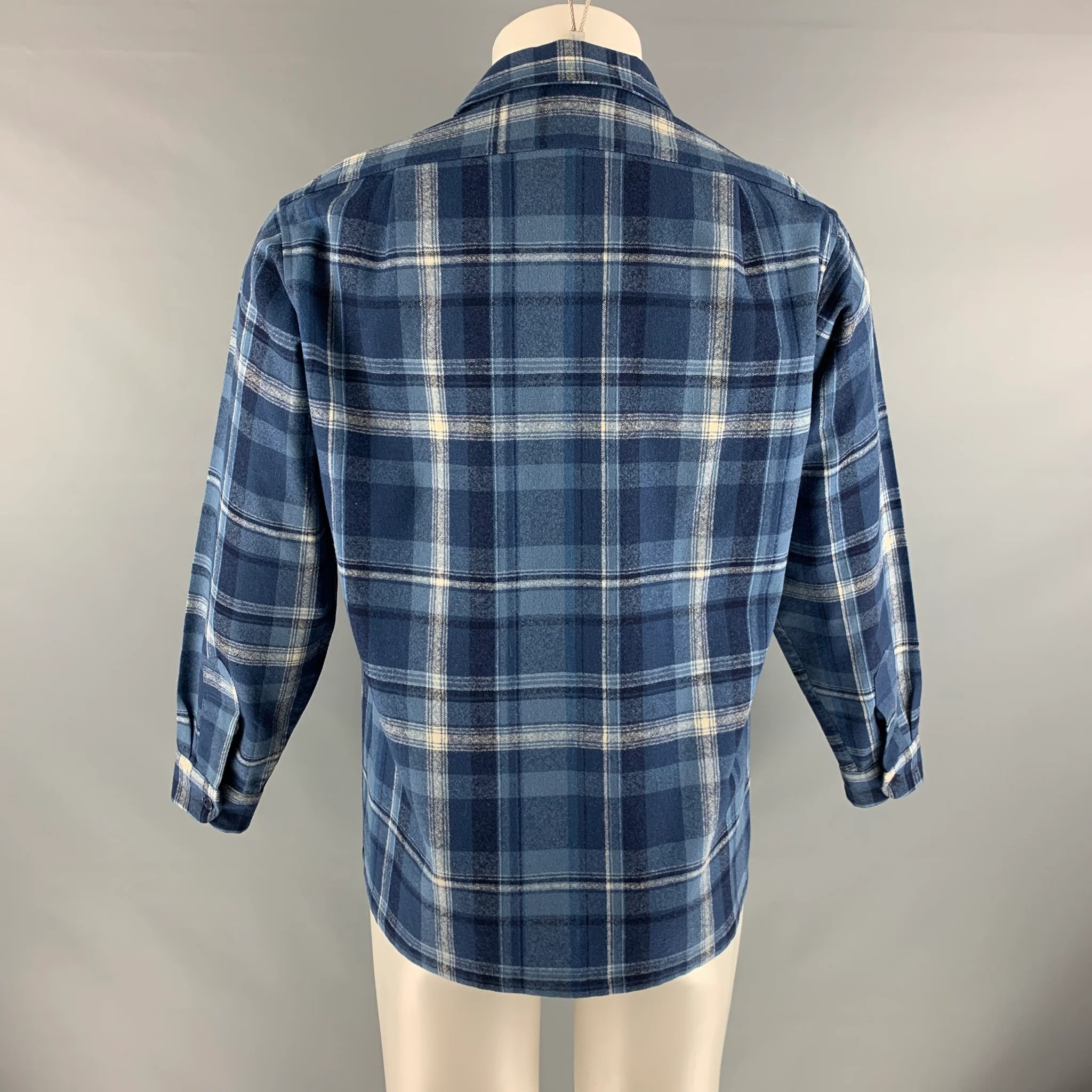 PENDLETON Size M Blue Navy Plaid Virgin Wool Long Sleeve Shirt - Image 3