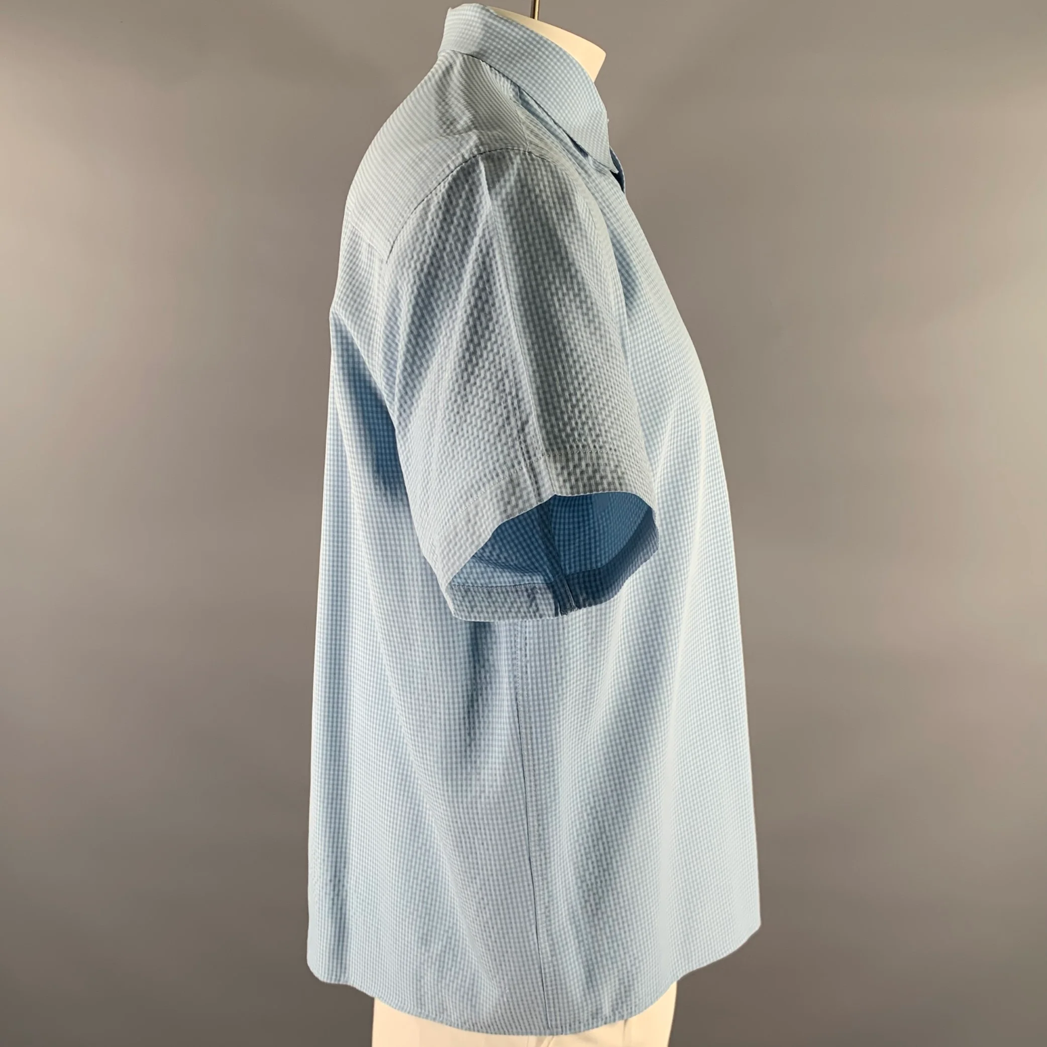 PERRY ELLIS Size L Blue Gingham Rayon Blend Short Sleeve Shirt - Image 3