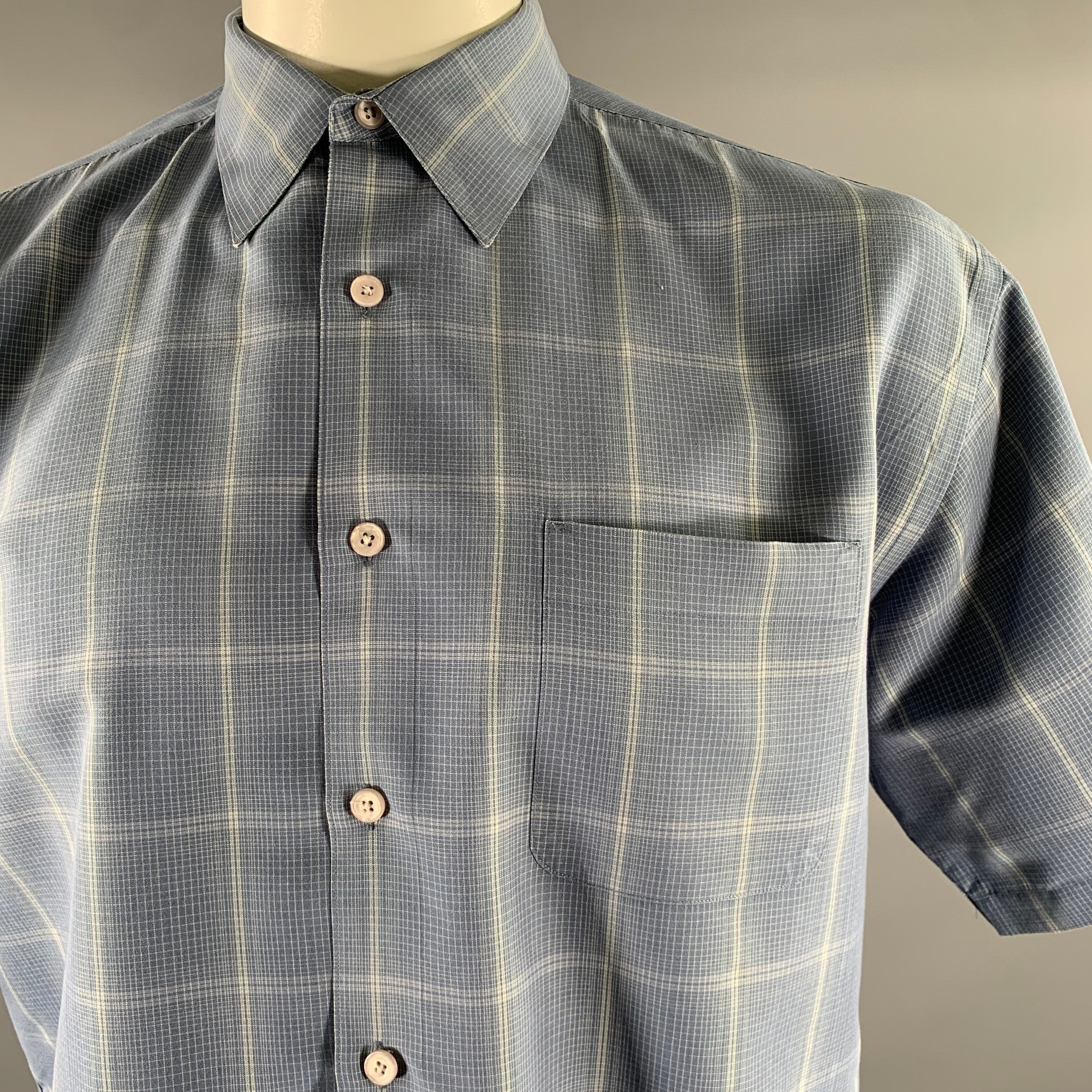 PERRY ELLIS Size L Blue Grey Plaid Rayon Blend Pointed Collar Short Sleeve Shirt - Image 2