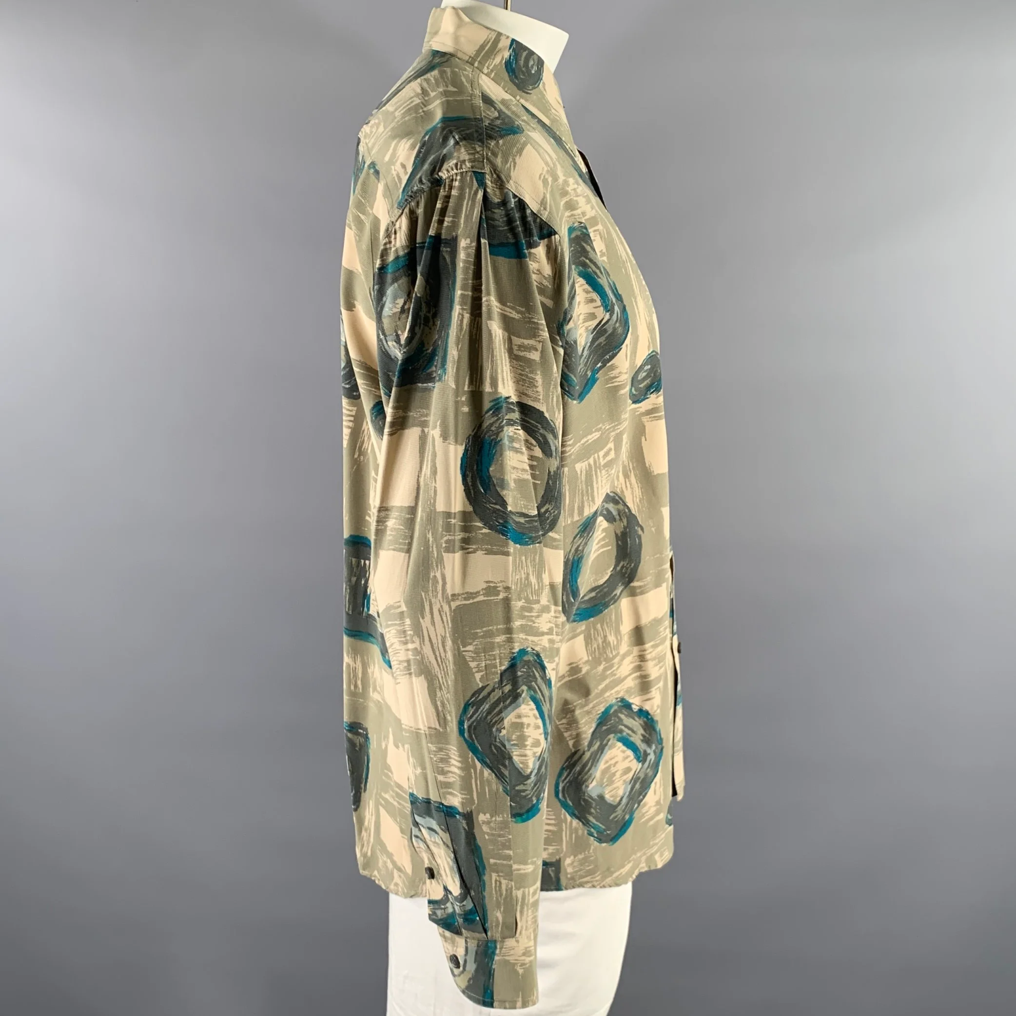 PERRY ELLIS Size L Green Olive Abstract Silk Pointed Collar Long Sleeve Shirt - Image 3