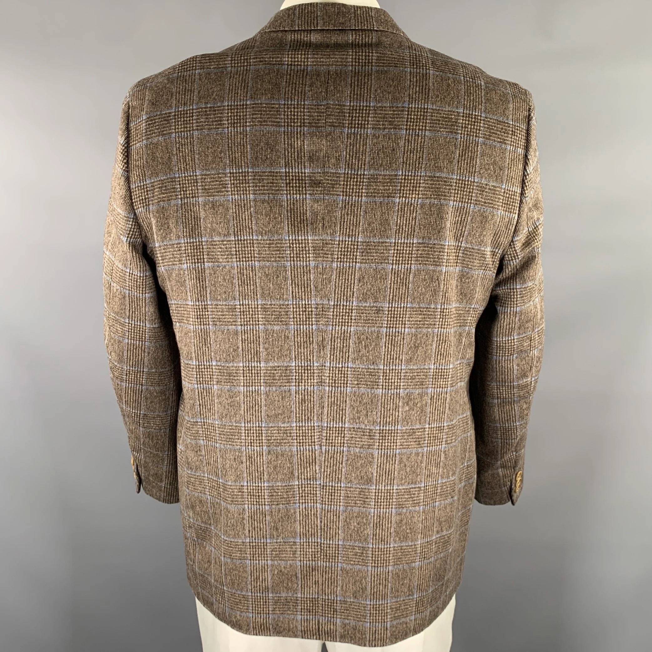 PETER PANOS Chest Size 44 Brown Blue Plaid Cashmere Notch Lapel Sport Coat - Image 4