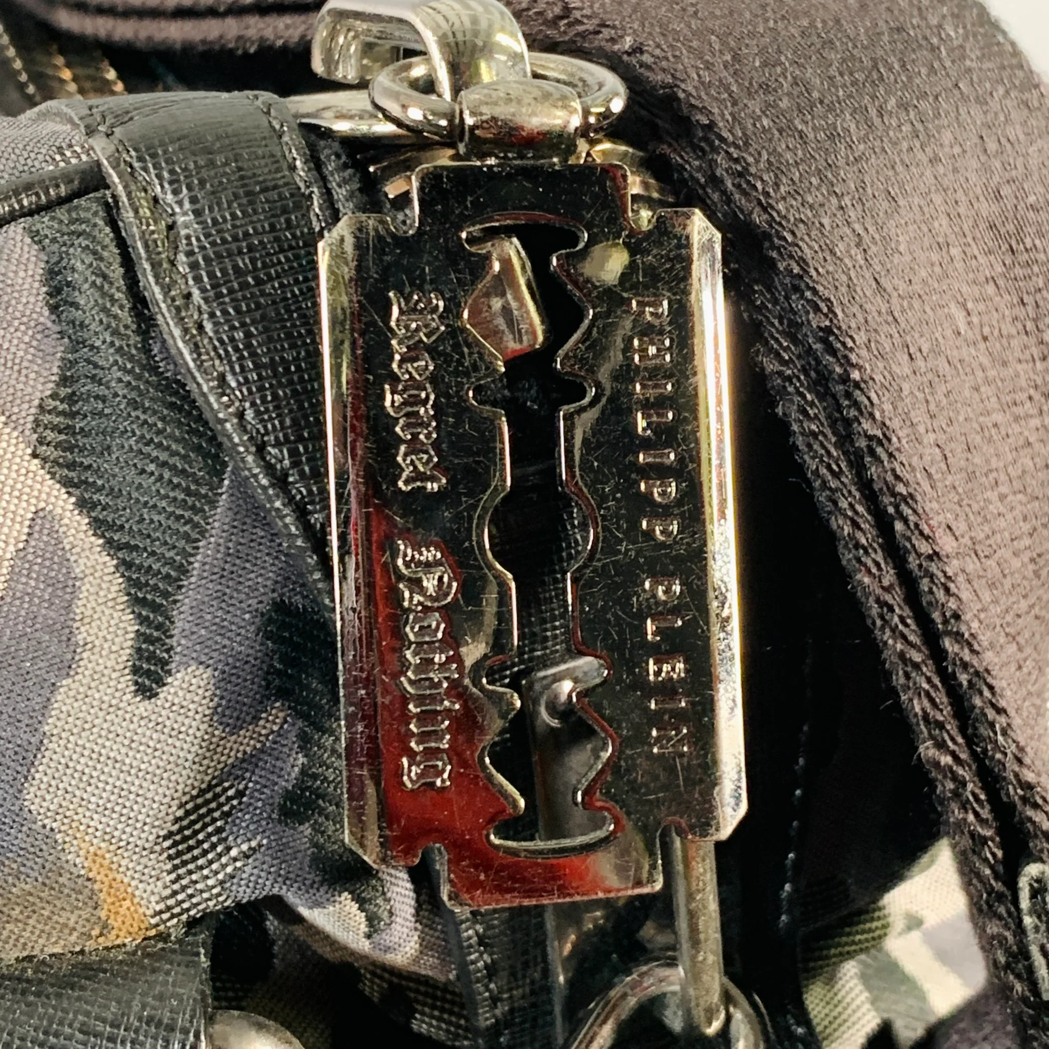 PHILIPP PLEIN Grey Black Camouflage Saffiano Leather Canvas Duffle Bag - Image 5