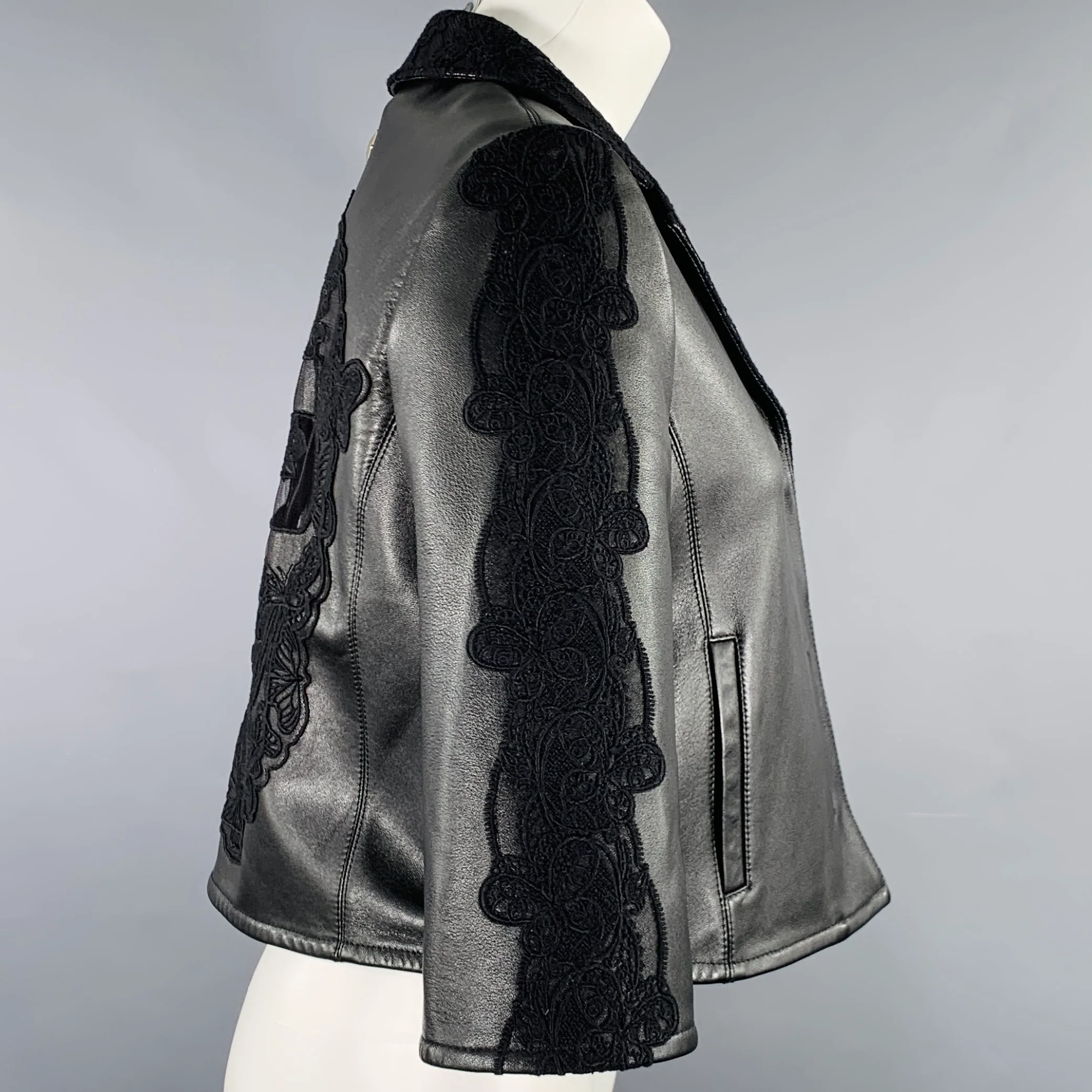 PHILIPP PLEIN Size S Black Lace Skulls Lamb Skin Jacket - Image 2