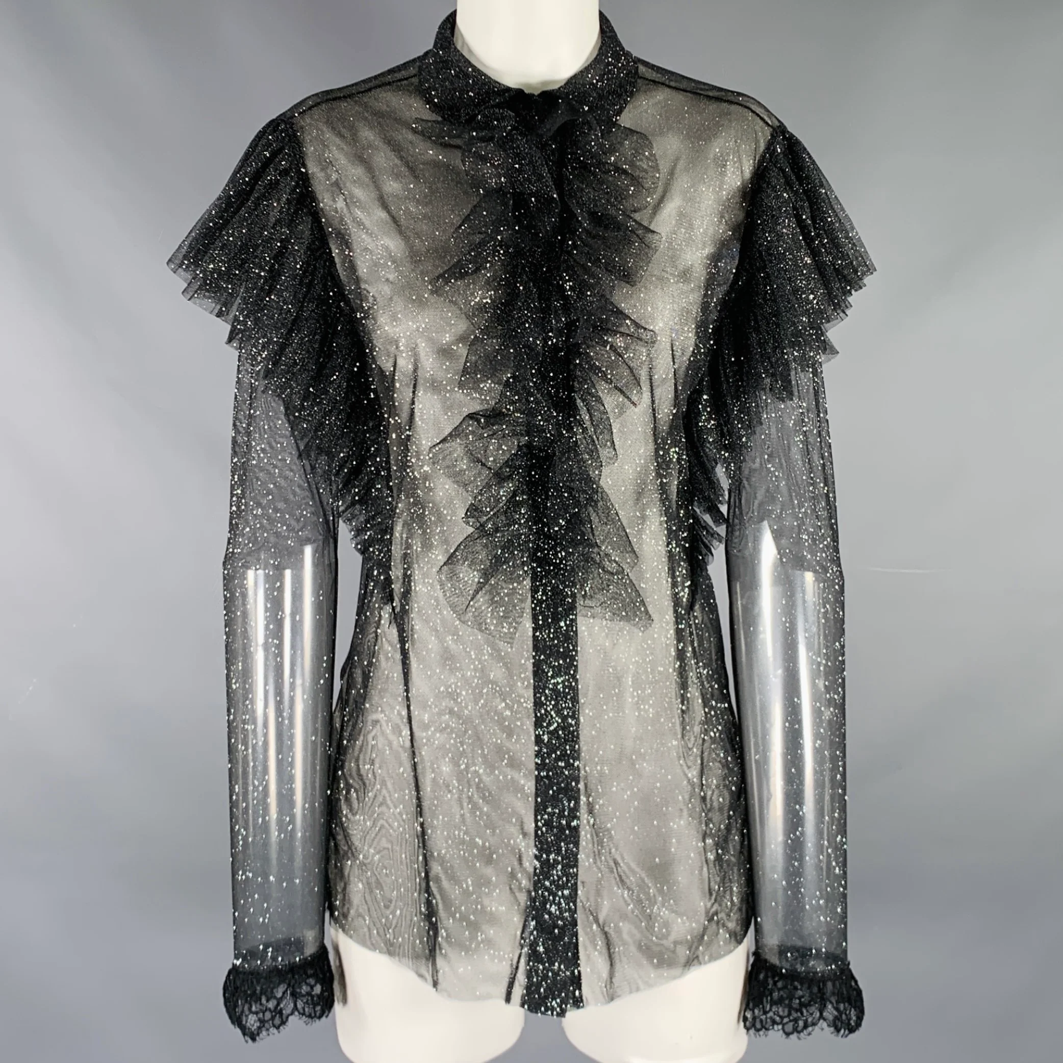 PHILOSOPHY di LORENZO SERAFINI Size 4 Black Silver Metallic Ruffle Blouse