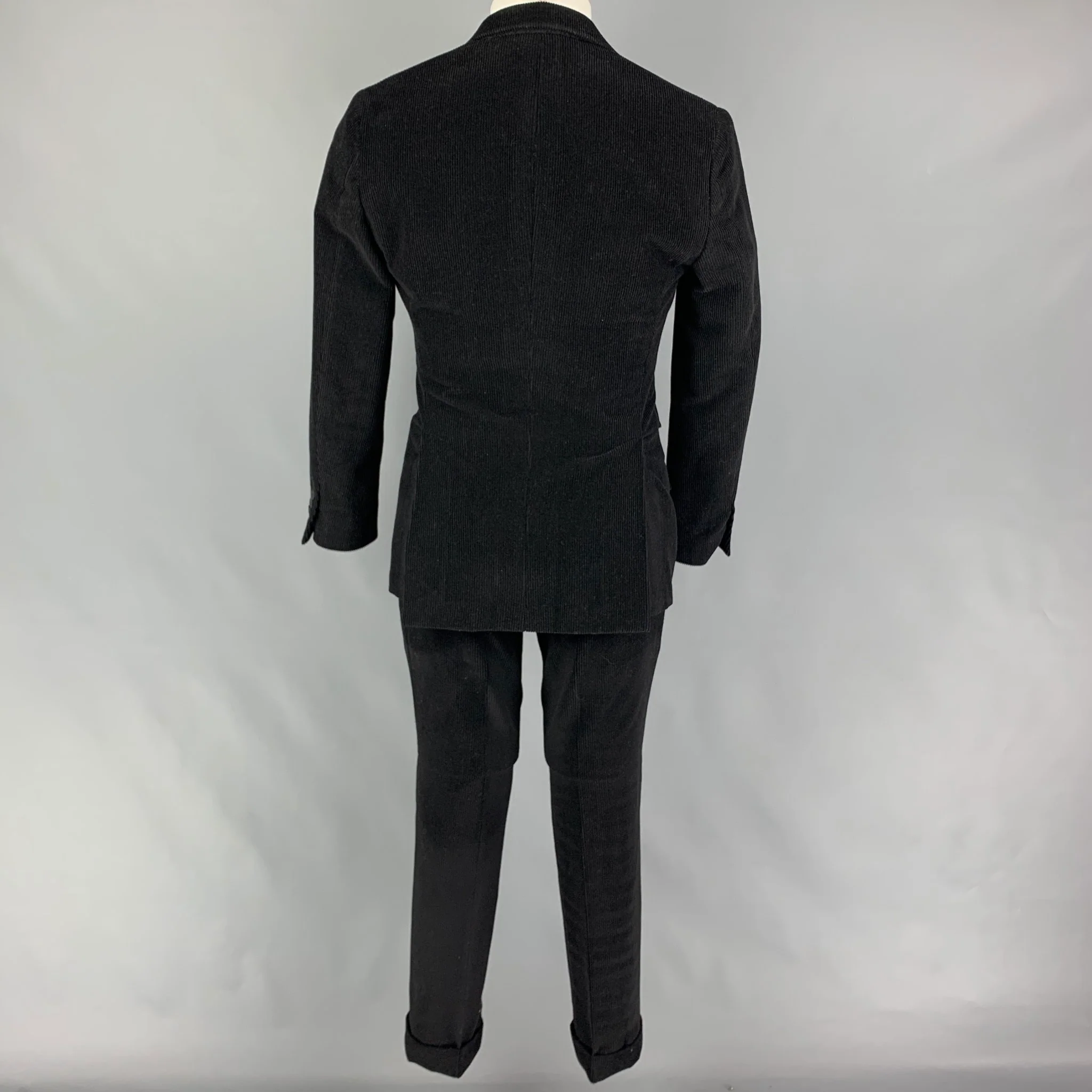 PHINEAS COLE Size 36 Black Corduroy Wool Peak Lapel Suit - Image 3
