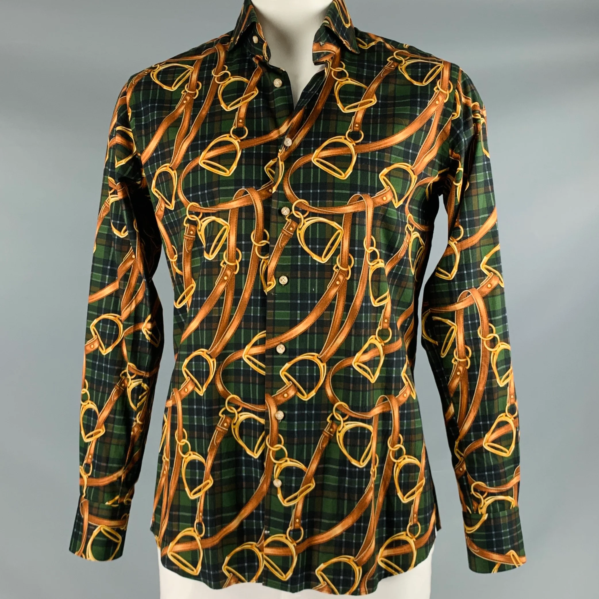 PHINEAS COLE Size L Olive Brown Plaid Equestrian Cotton Long Sleeve Shirt
