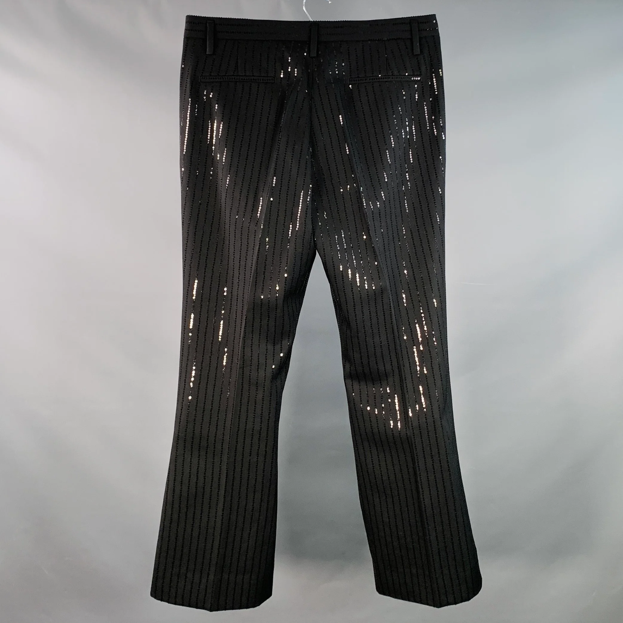 PHIX Size 34 Black Pinstripe Wool Blend Sequined Wide Leg Dress Pants - Image 3