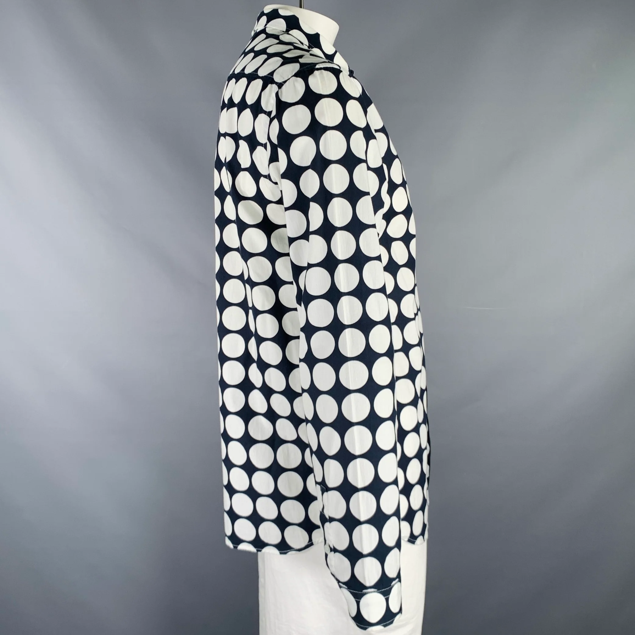 PIERRE BALMAIN Size L Navy White Polka Dot Cotton Long Sleeve Shirt - Image 3