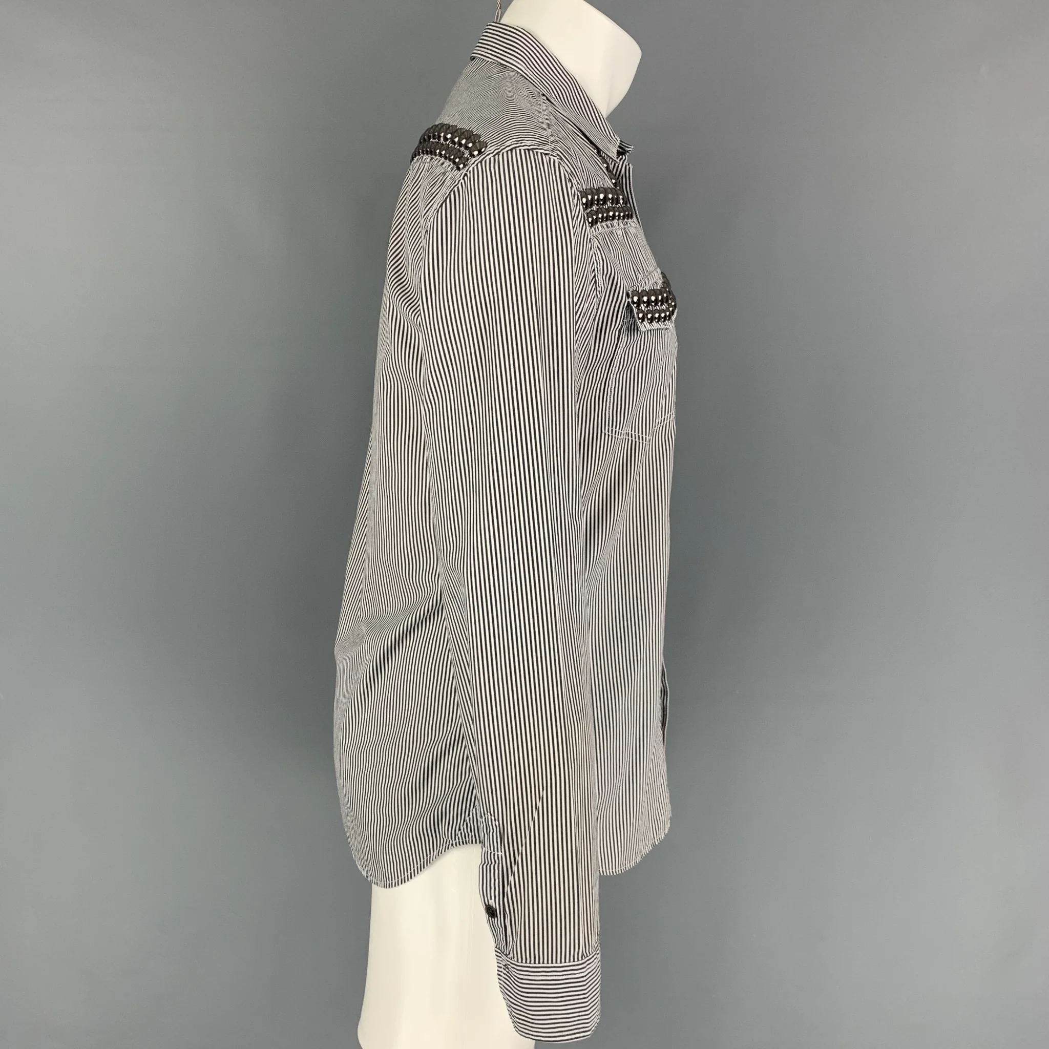 PIERRE BALMAIN Size M Black & White Silver Stripe Cotton Long Sleeve Shirt - Image 3