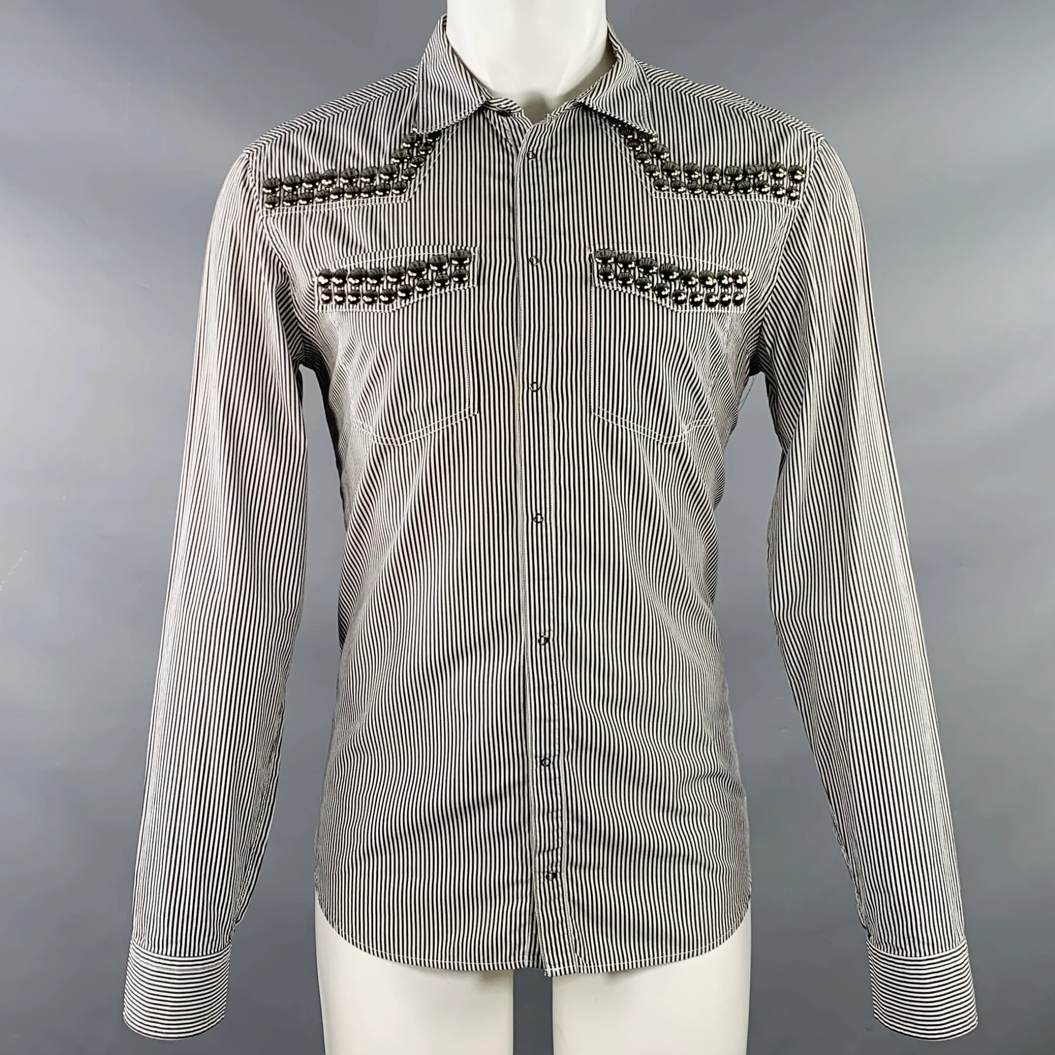 PIERRE BALMAIN Size M Silver Black White Stripe Studded Cotton Long Sleeve Shirt