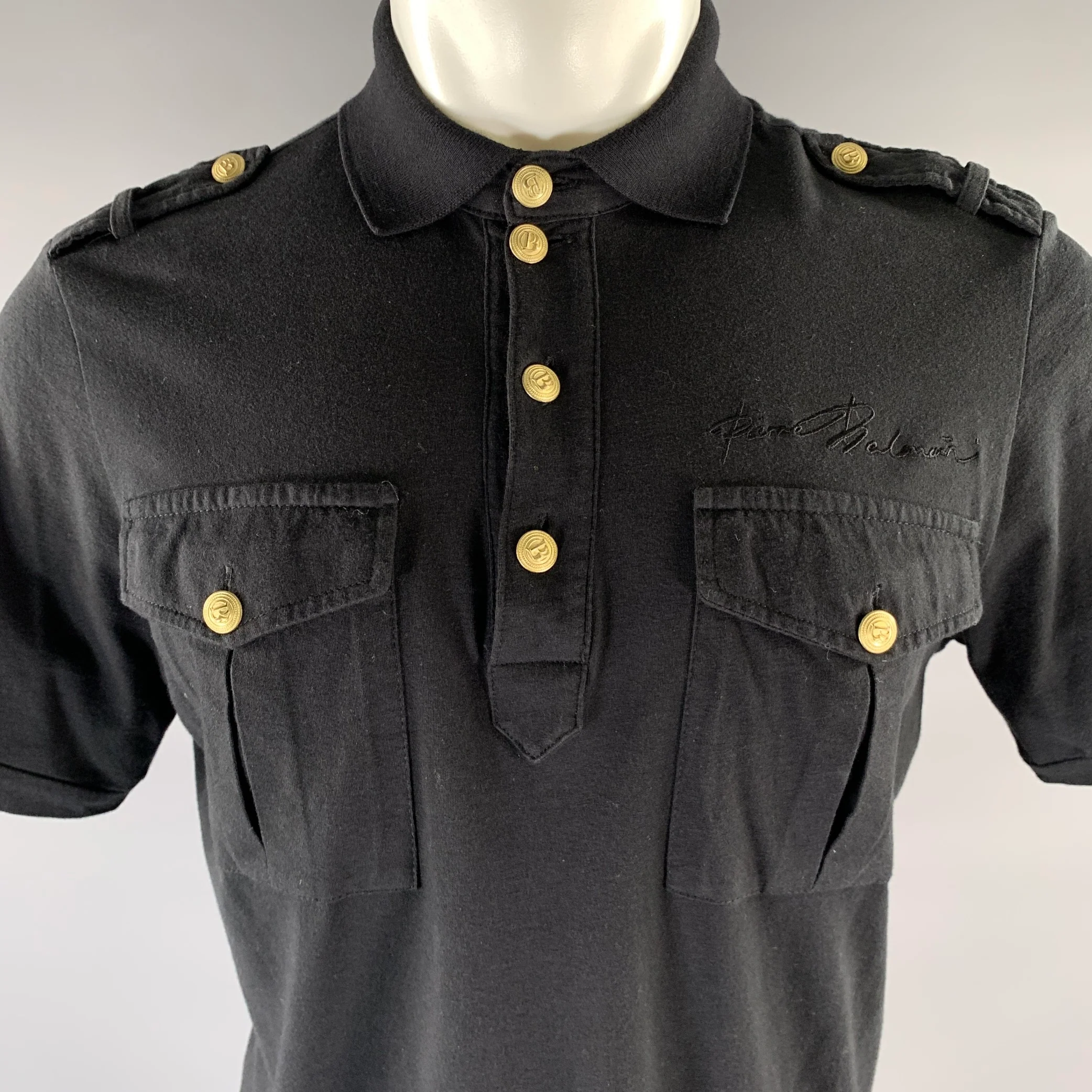 PIERRE BALMAIN Size XS Black Gold Embroidery Cotton Polo - Image 2