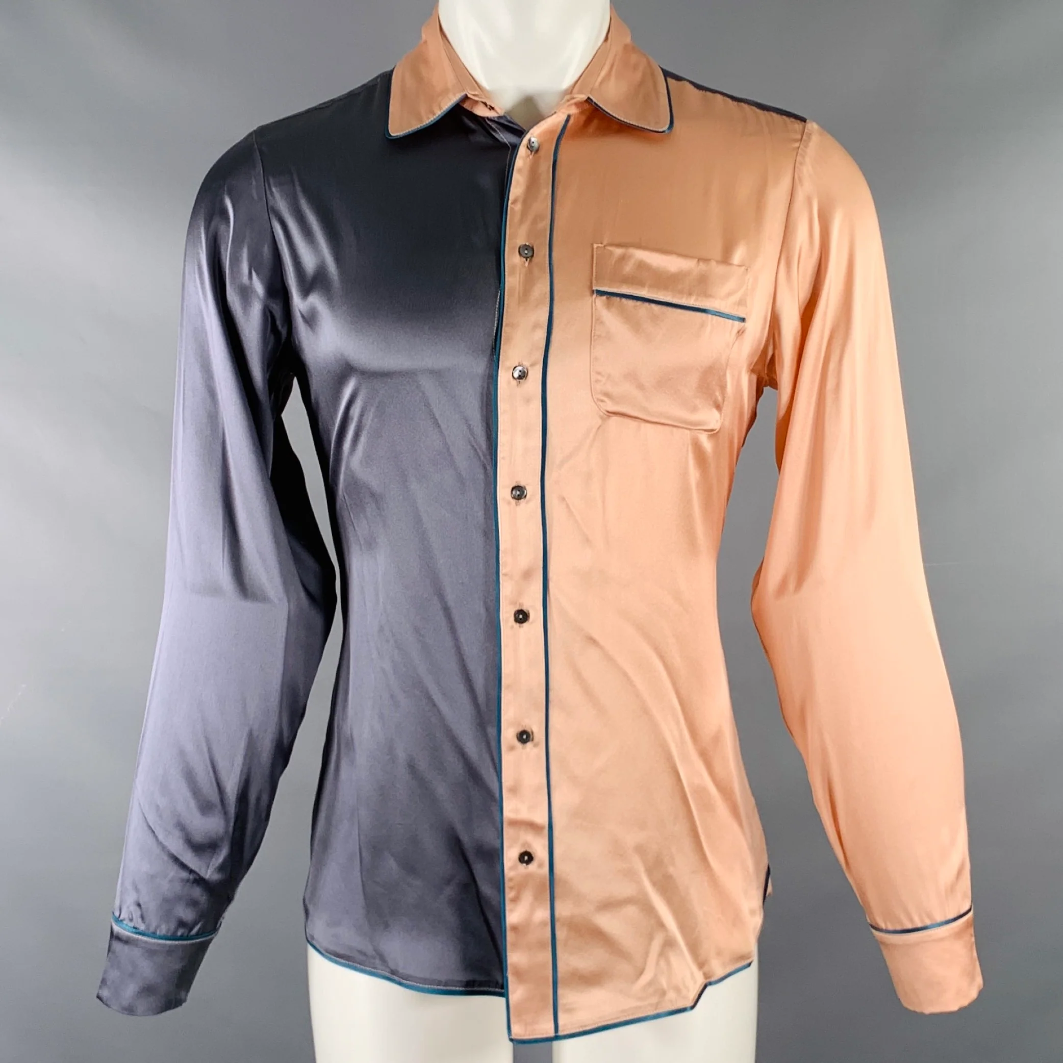 PIERRE-LOUIS MASCIA Size M Blue Blush Color Block Silk Long Sleeve Shirt